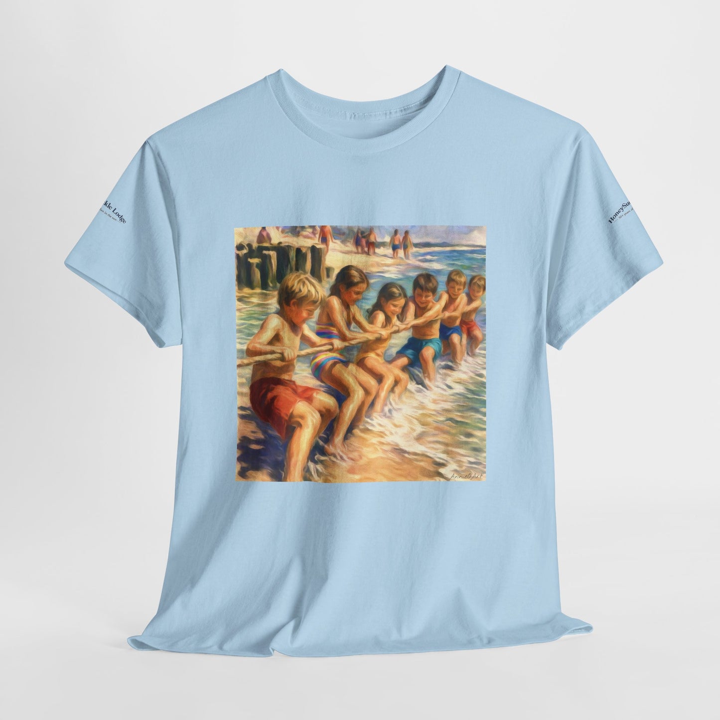 Honeysuckle Lodge Vintage Beach Print tee shirt front/back ("Honeysuckle Lodge - 50+ years of fun in the sun")