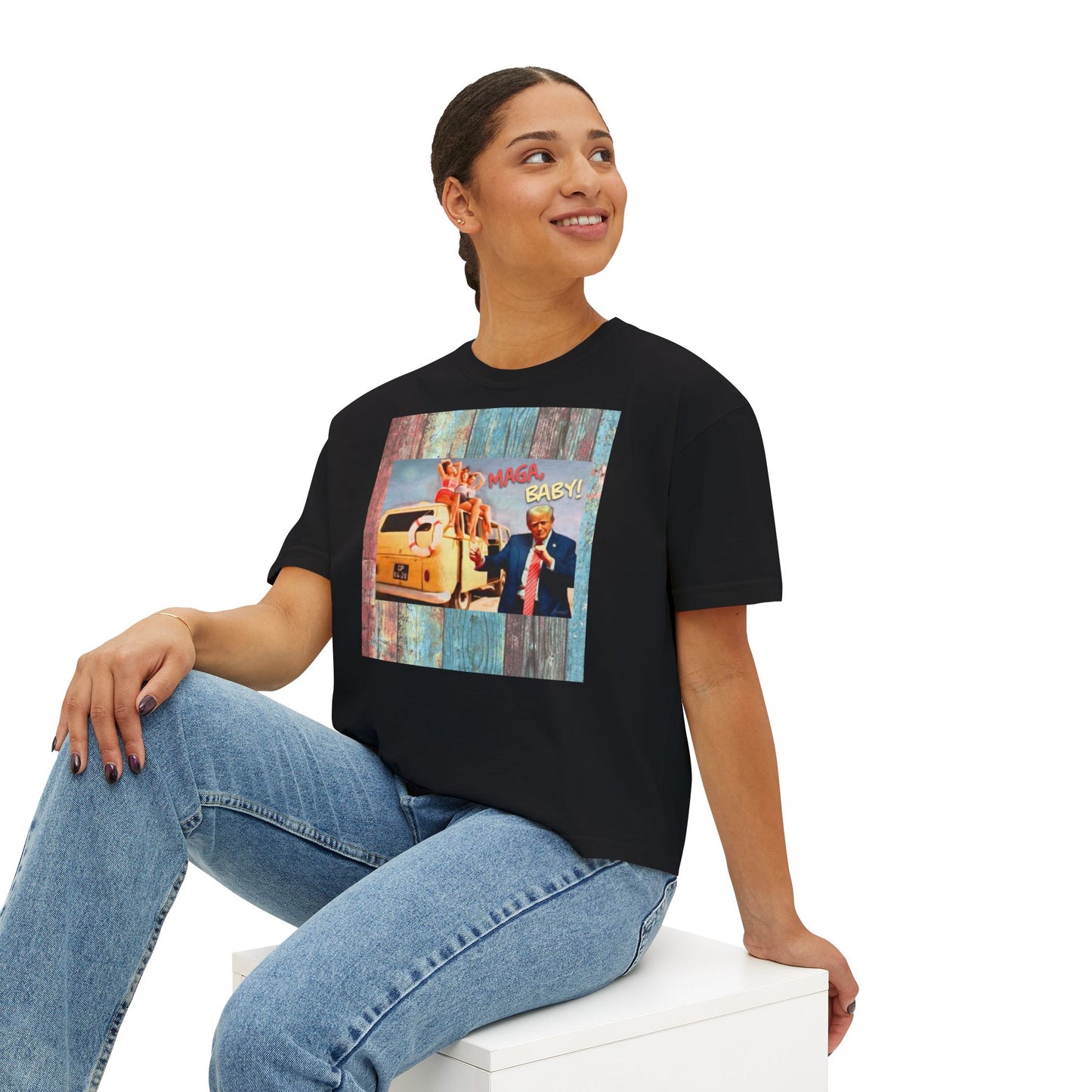 Beach scene w DJT dancing Retro VW van “MAGA, baby!” —Graphic Boxy Tee — Vintage Roadtrip/Rally tee Women's Shirt
