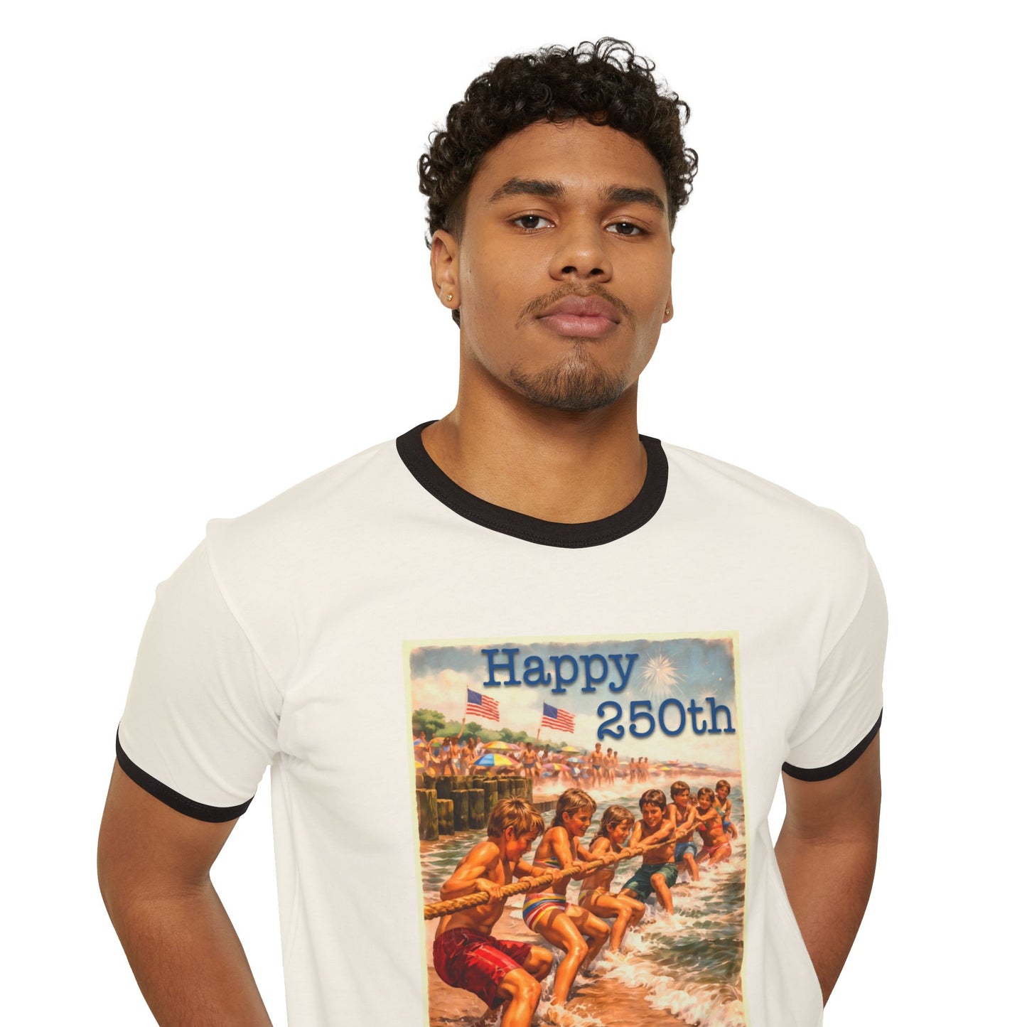 250th Ringer T-Shirt — Vintage Beach ‘Happy 250th America!’ Patriotic Swim Team Graphic