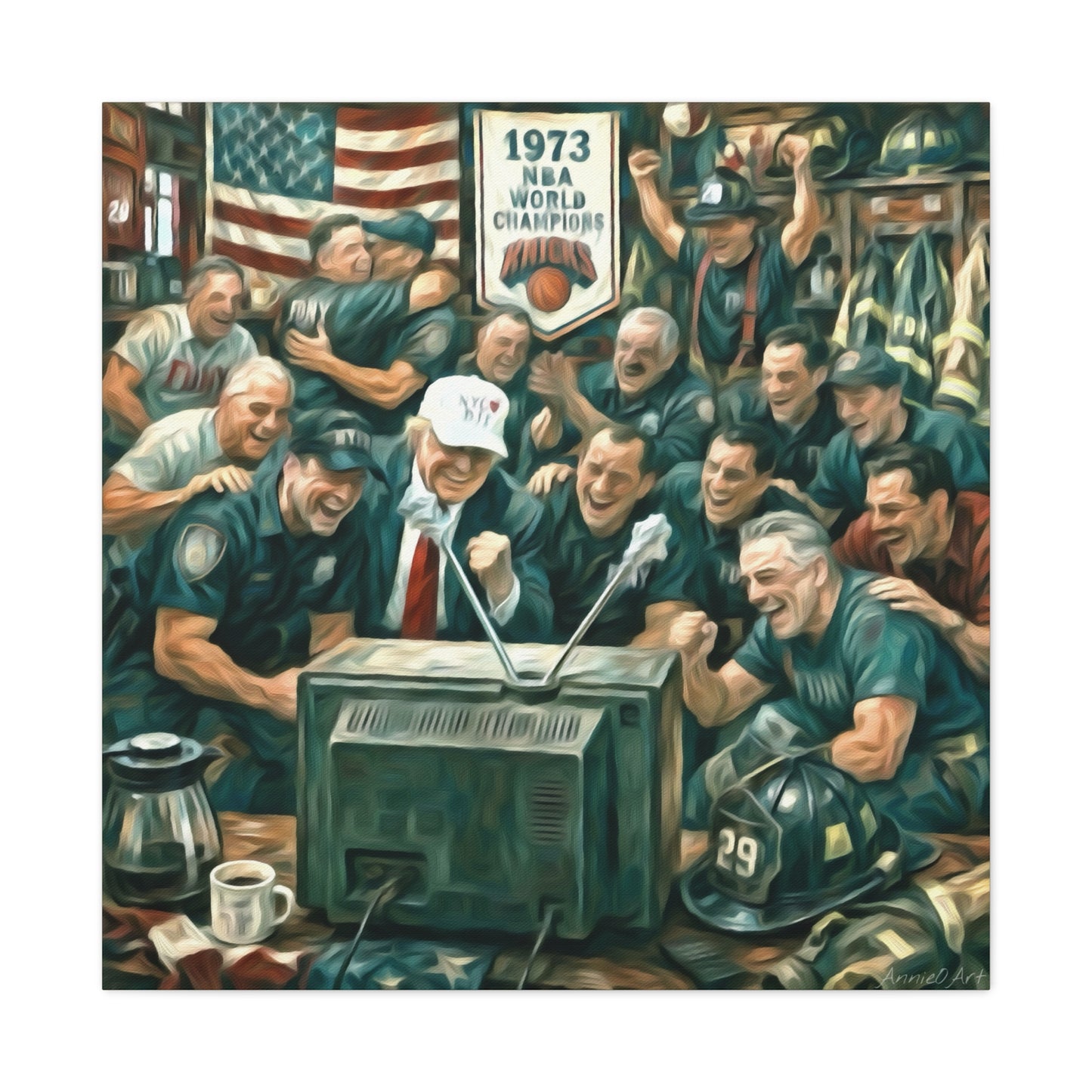 Trump Watching Knicks Game w/ FDNY &NYPD (Knicks 1973 Banner)