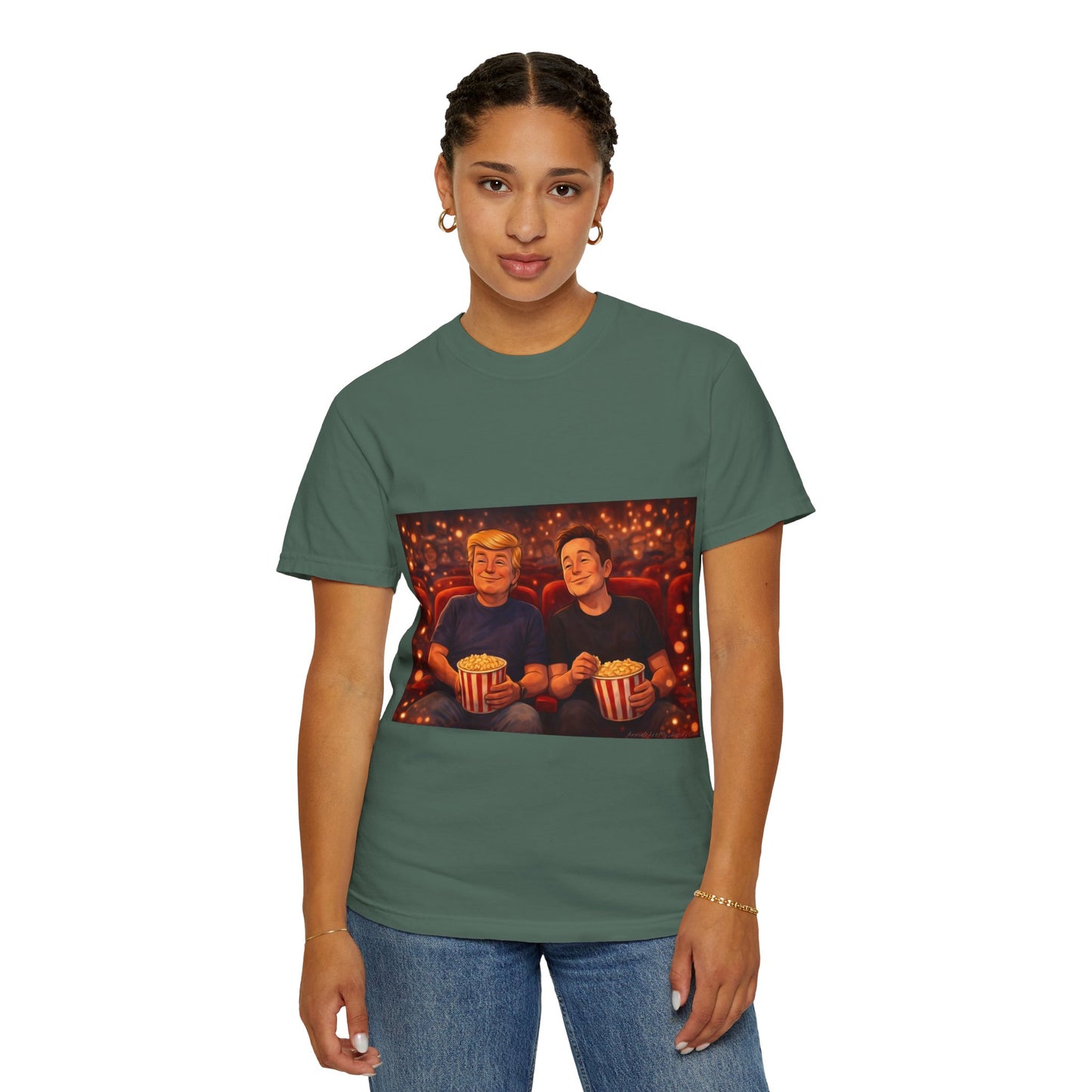 Trump & Elon—Movie Night Popcorn Tee — Cozy Cinematic Graphic T-Shirt
