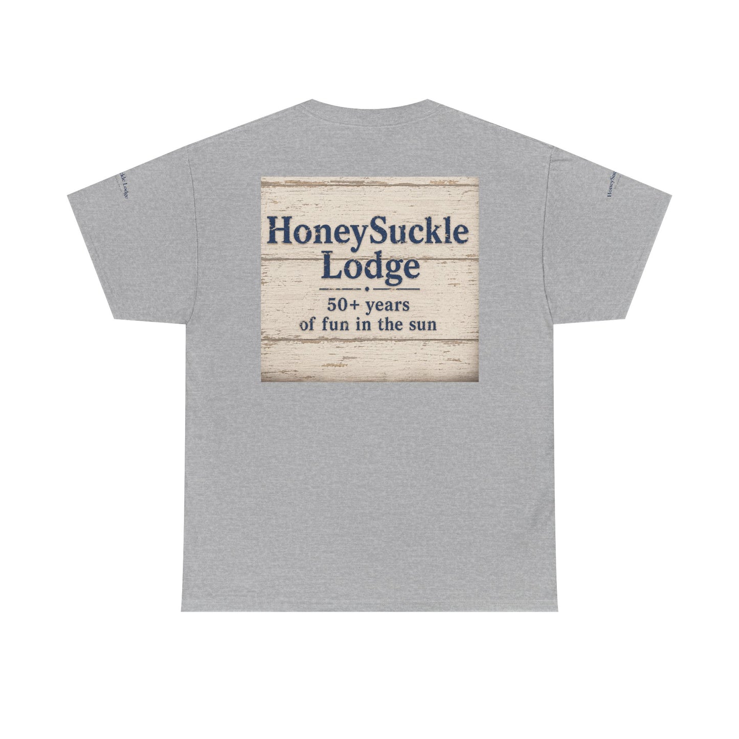 Honeysuckle Lodge Vintage Beach Print tee shirt front/back ("Honeysuckle Lodge - 50+ years of fun in the sun")