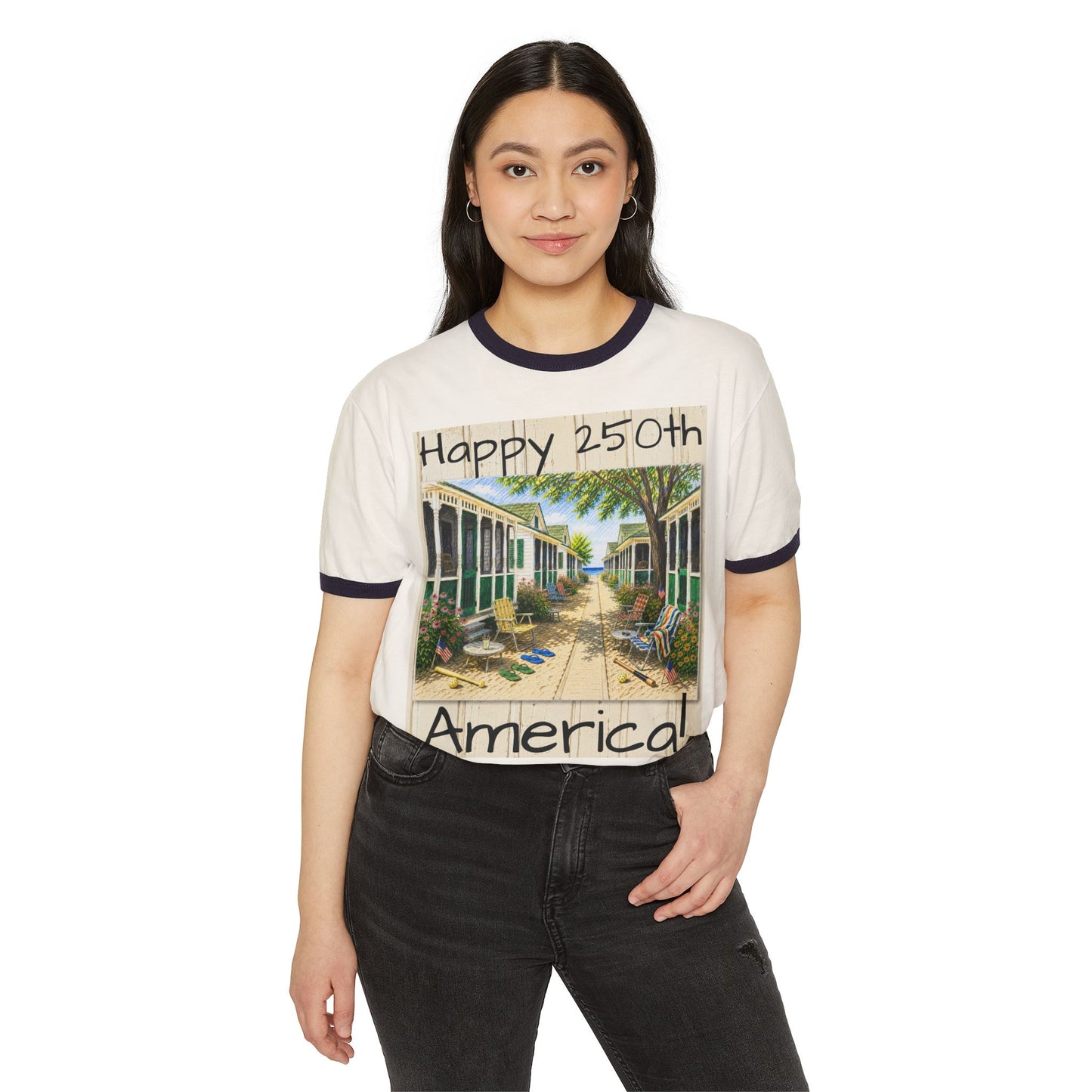 Happy 250th America Ringer T‑Shirt — Honeysuckle Lodge Vintage Beach Graphic