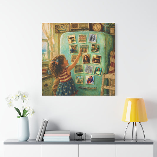 Americana Canvas Wall Art — Little Girl Pointing at Magnets on Vintage Fridge (Matte Stretched)