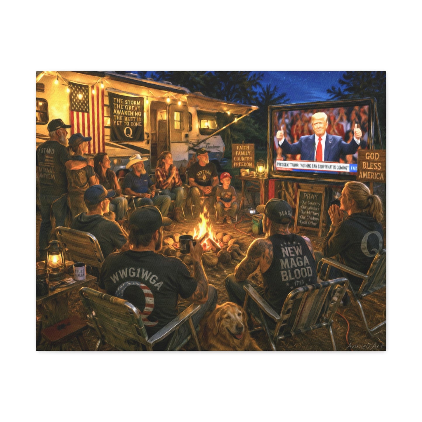 God Bless America—Campfire Scene Matte Canvas Wall Art - Patriotic RV Gathering with Trump TV—MAGA—WWG1WGA