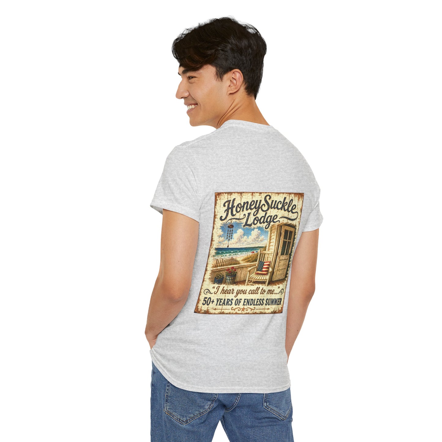 Vintage Beach T‑Shirt — 'Honeysuckle Lodge: 50+ Years of Endless Summer' Retro Seaside Tee