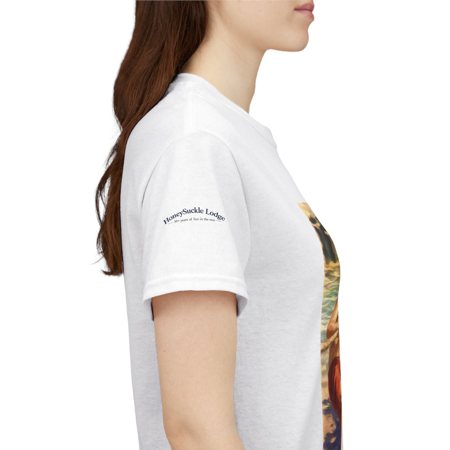 Honeysuckle Lodge Vintage Beach Print tee shirt front/back ("Honeysuckle Lodge - 50+ years of fun in the sun")