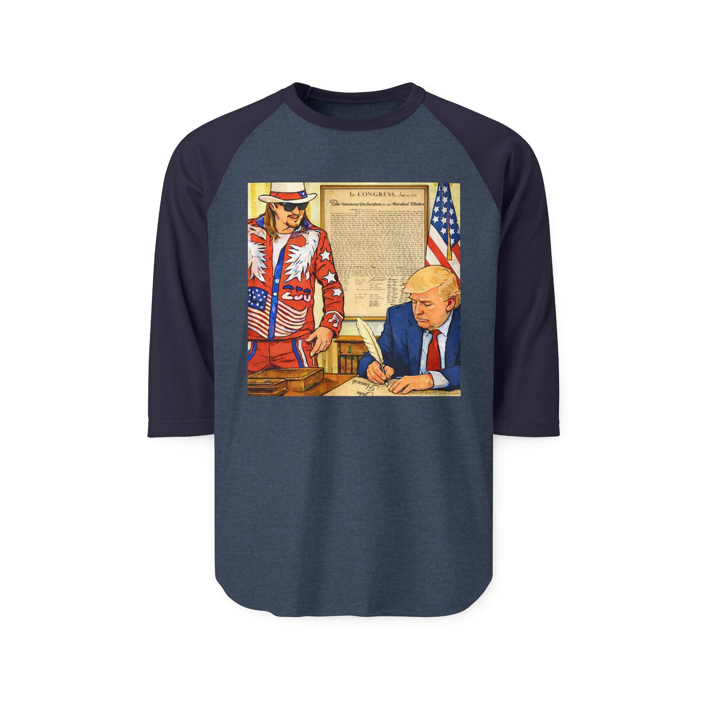 250th Independence Patriotic Raglan Shirt — Vintage Americana Signing Graphic tee Trump & Kid Rock