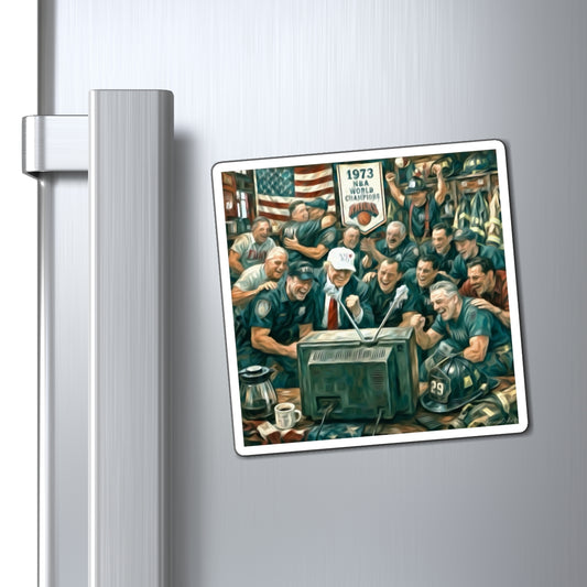 Trump Watching the Knicks at Firehouse—Vintage Locker Room Watching TV Magnet — 1973 NBA World Champions Retro Sports Decor
