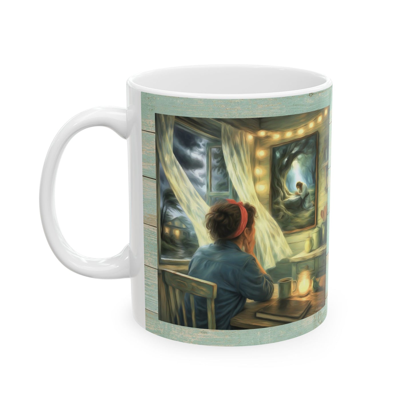 Meditating with Jesus Ceramic Mug — Cottage Nighttime Coffee Cup (11oz)