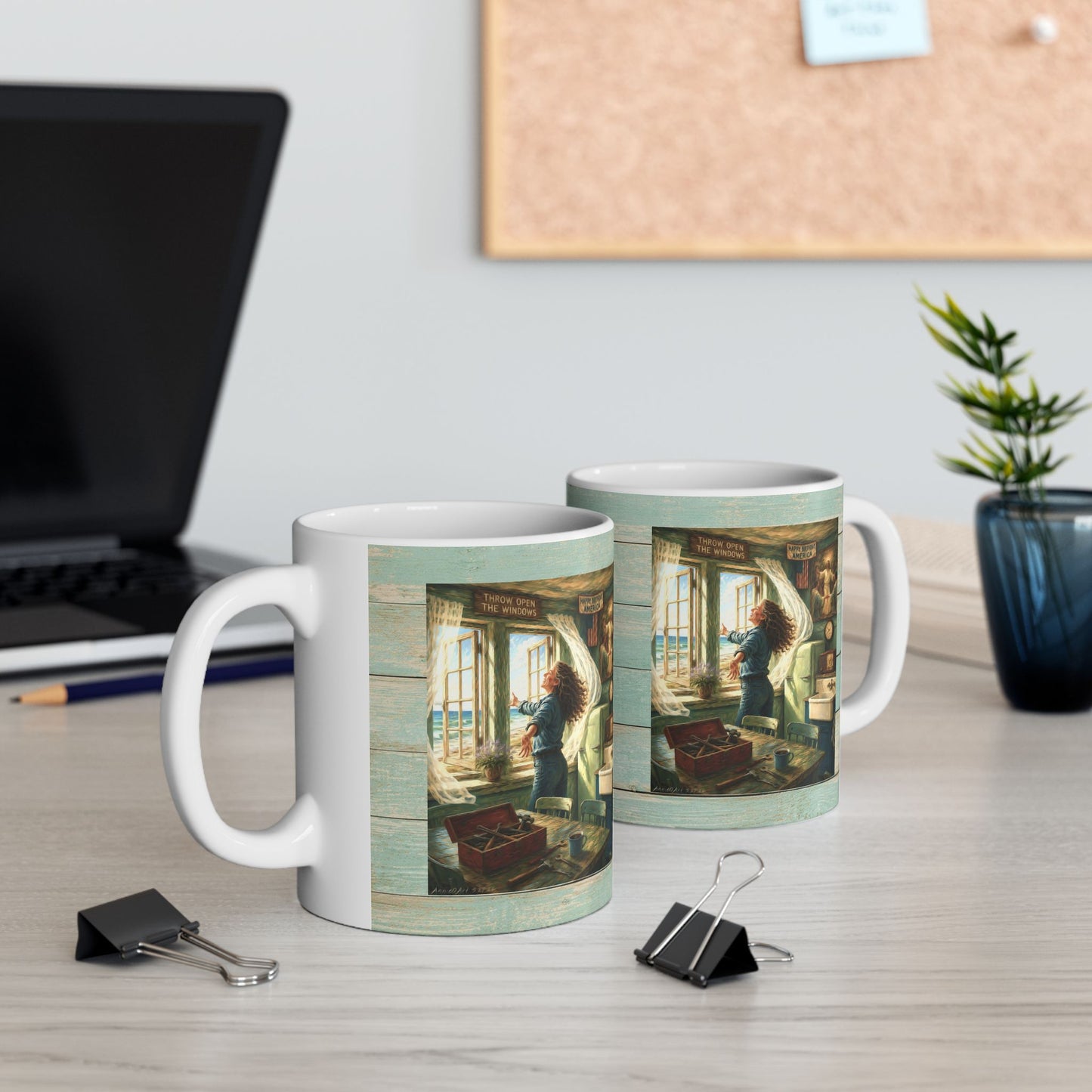 Coastal Vintage Beach Cottage Ceramic Mug — Seaside Window & Shells Design (11oz/15oz)