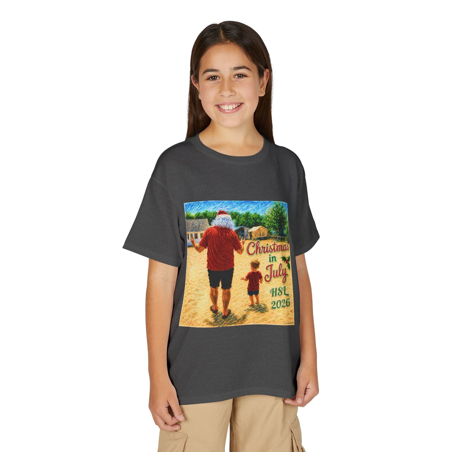 Youth T-Shirt — "Christmas in July" Beach Santa Kids Tee (HSL 2026)