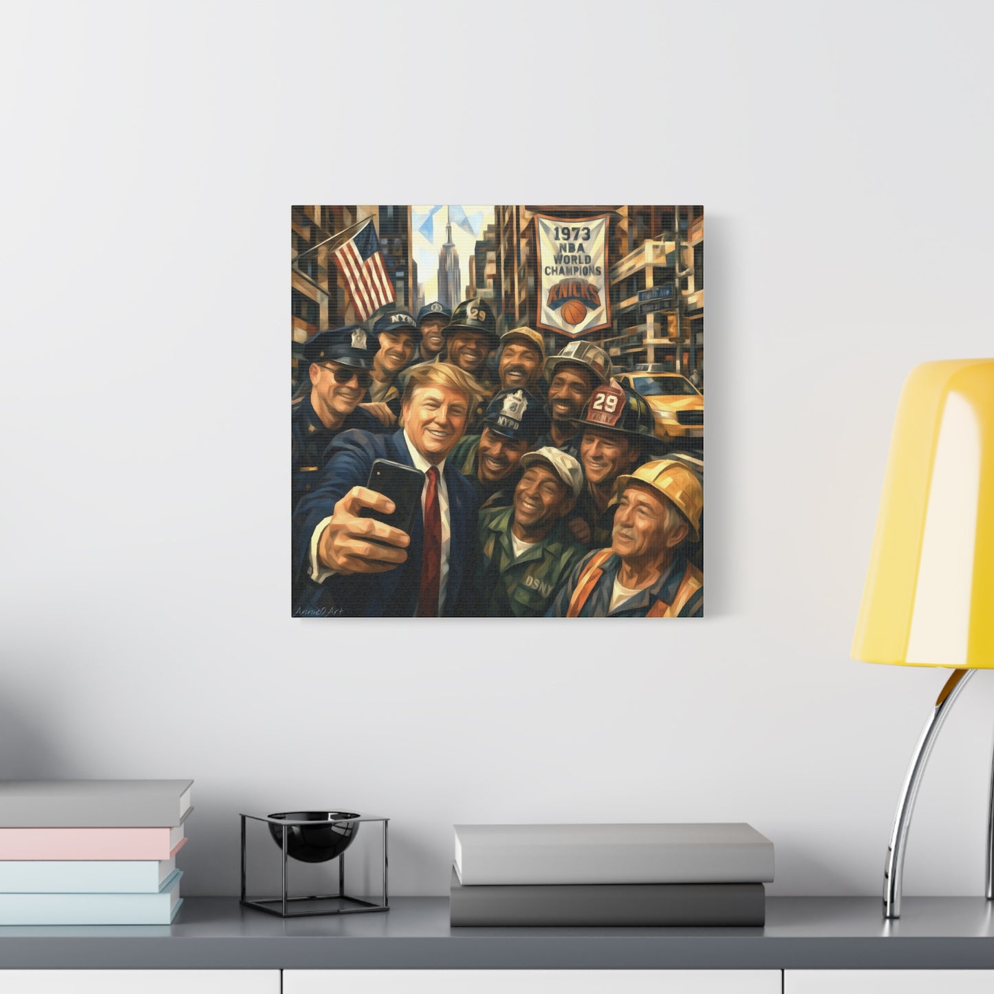 Trump Selfie w/City Workers Canvas Wall Art — Patriotic Urban Selfie Scene