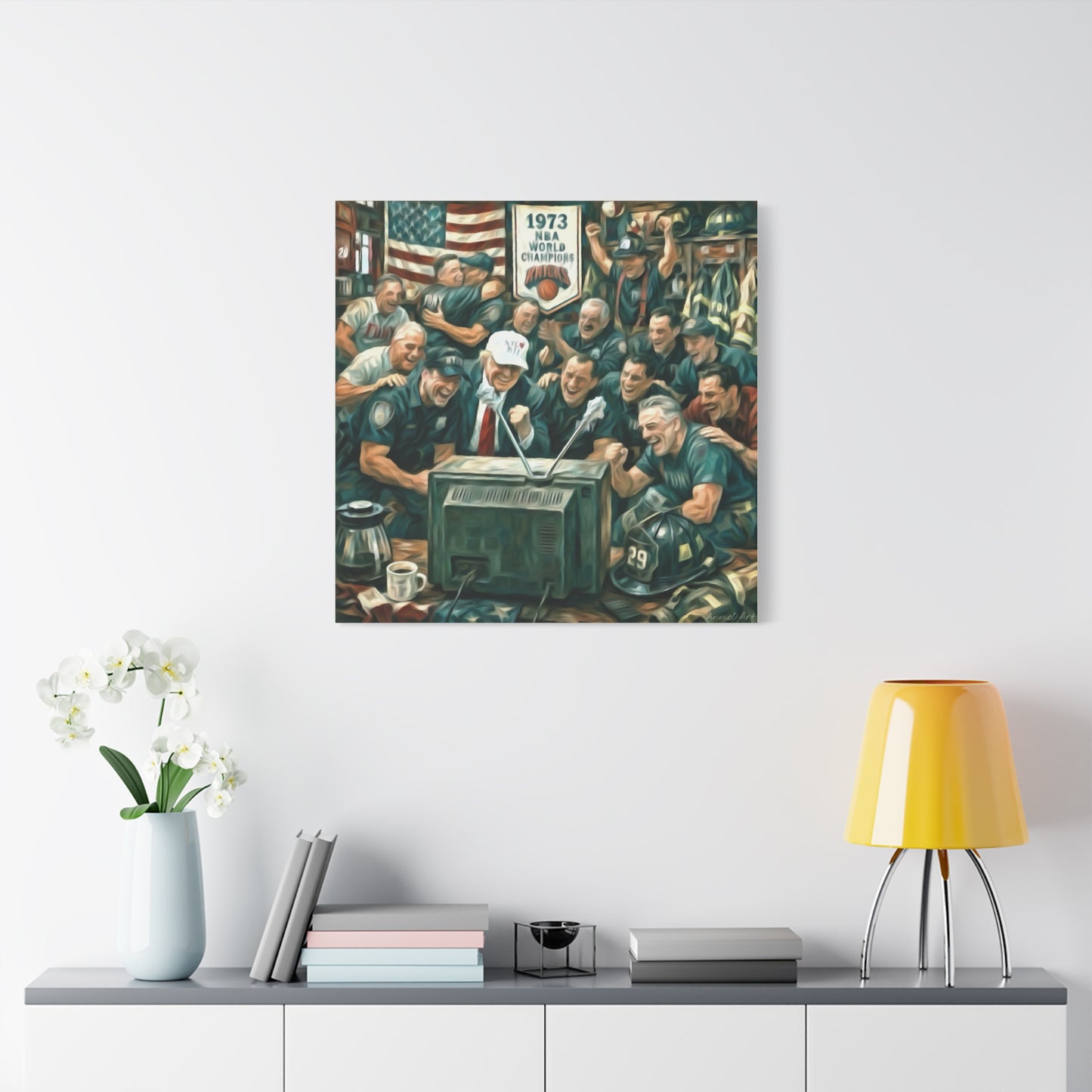Trump Watching Knicks Game w/ FDNY &NYPD (Knicks 1973 Banner)
