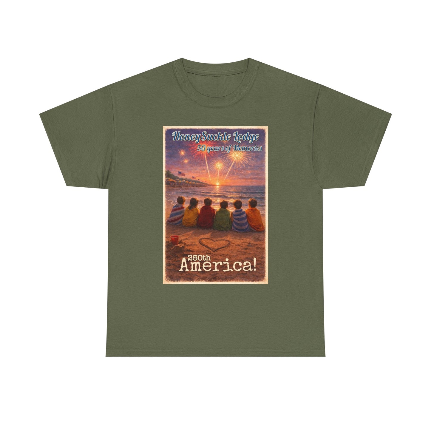 HoneySuckle Lodge 50th—Patriotic Sunset Beach T‑Shirt – 'God Bless America' Vintage Kids Watching Fireworks