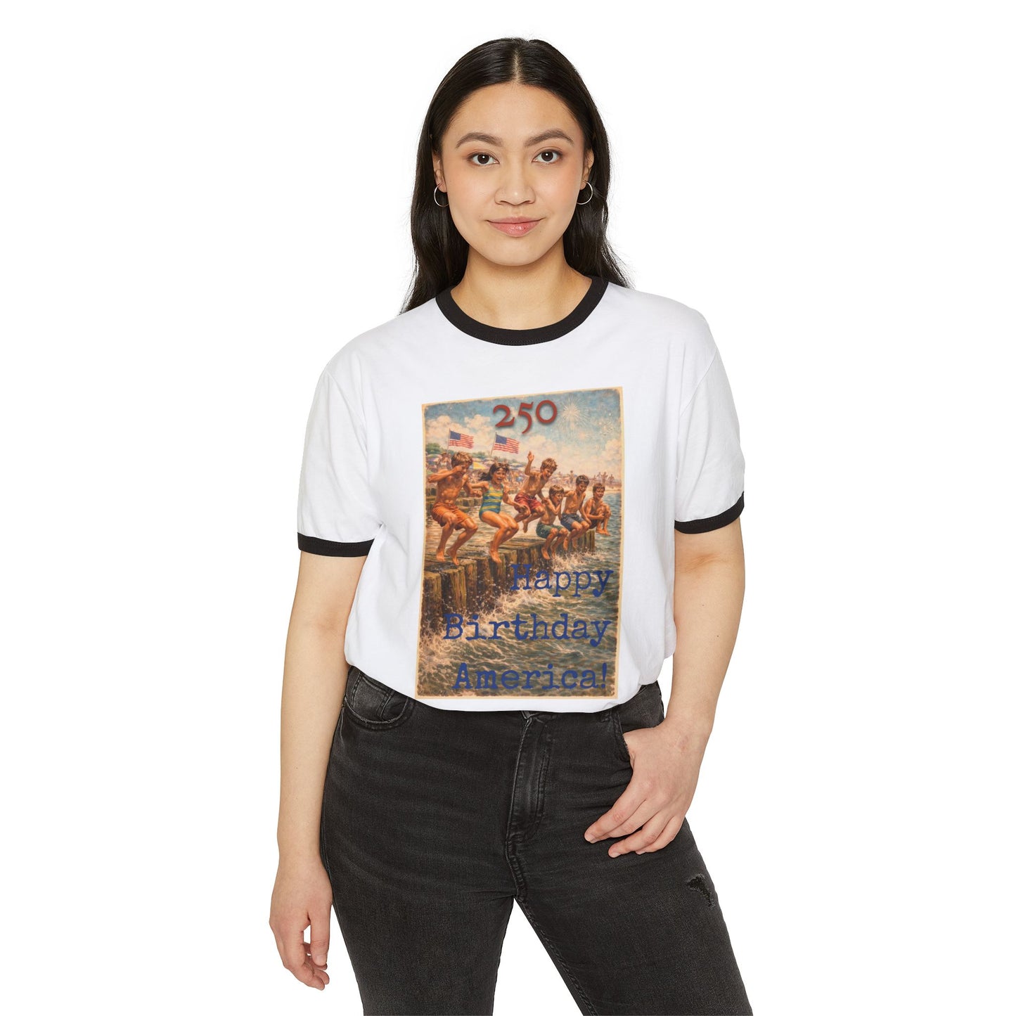 250th Ringer T-Shirt — "Happy Birthday America" Vintage Patriotic Graphic