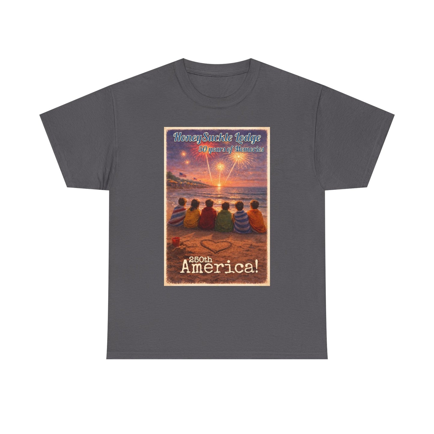 HoneySuckle Lodge 50th—Patriotic Sunset Beach T‑Shirt – 'God Bless America' Vintage Kids Watching Fireworks