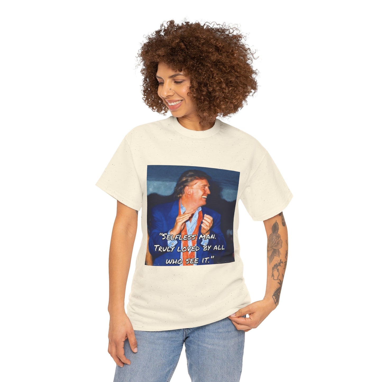 Vintage Portrait Tee with Quote – “Selfless Man, Truly Loved by All Who See It”