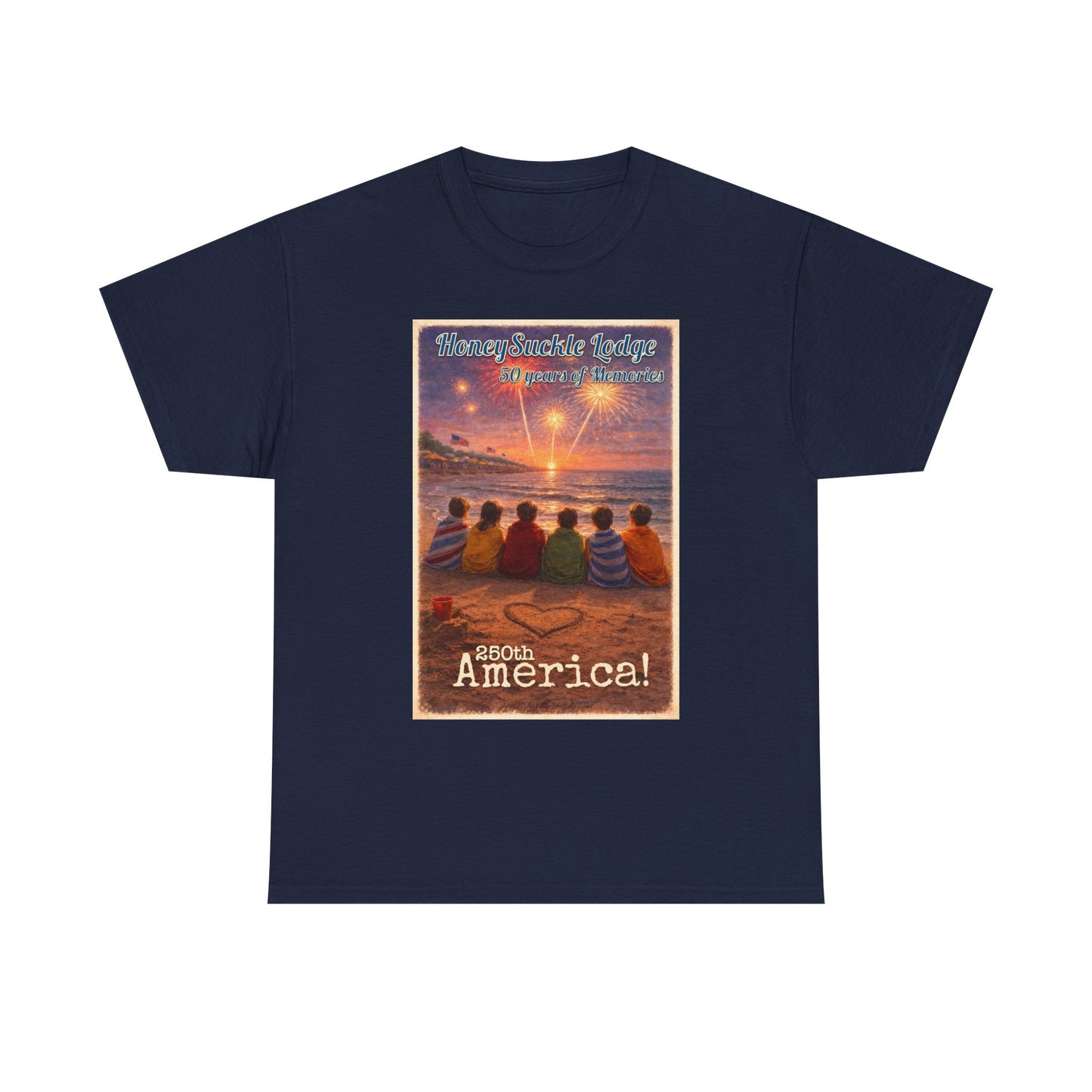 HoneySuckle Lodge 50th—Patriotic Sunset Beach T‑Shirt – 'God Bless America' Vintage Kids Watching Fireworks