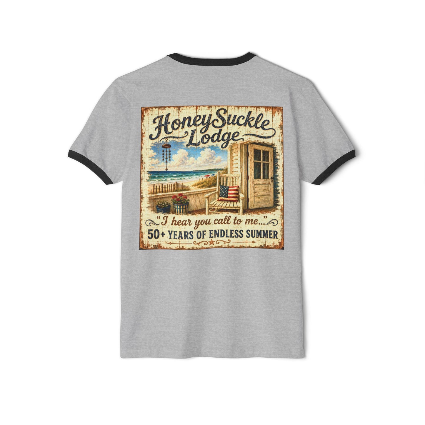 Happy 250th America Ringer T‑Shirt — Honeysuckle Lodge Vintage Beach Graphic