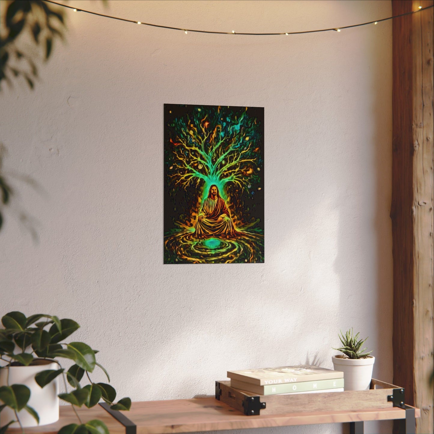 Spiritual Jesus Tree Watercolor Poster — Textured Matte Wall Art