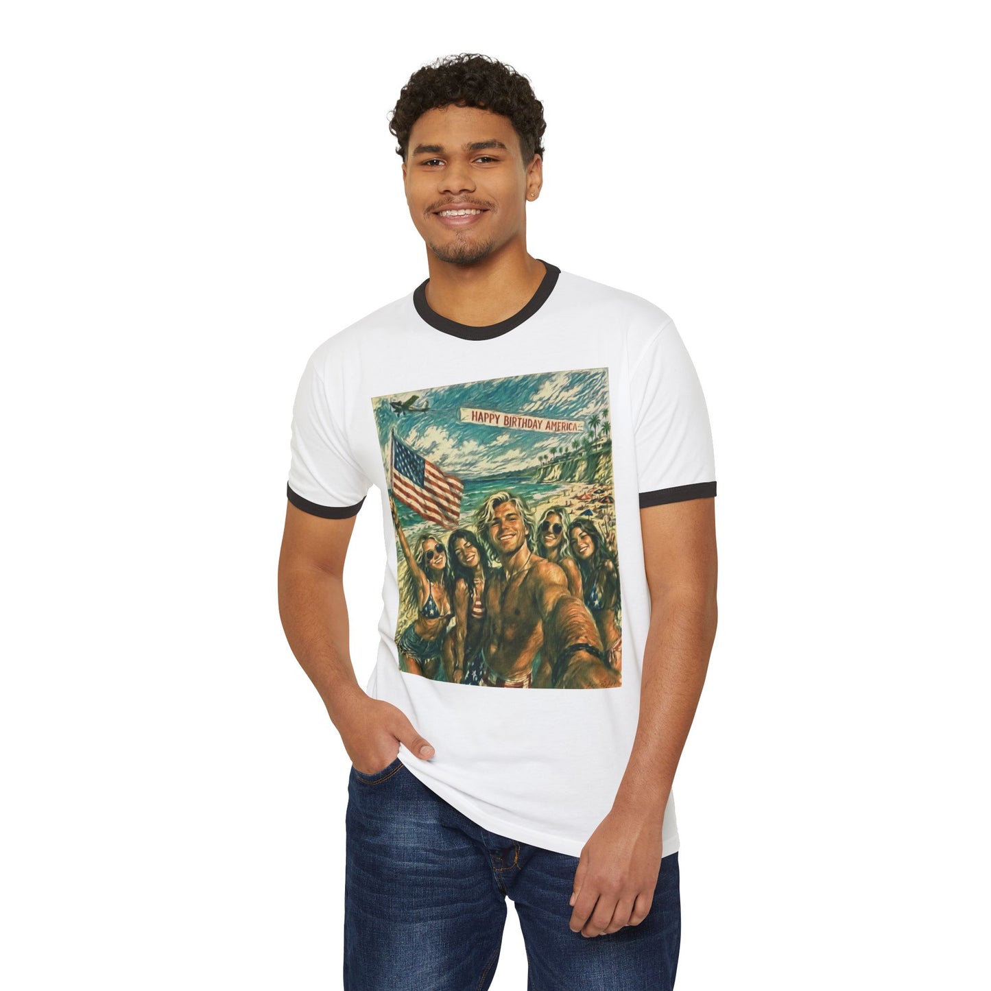Patriotic "Happy Birthday America"—Front & Back Design Ringer T-Shirt