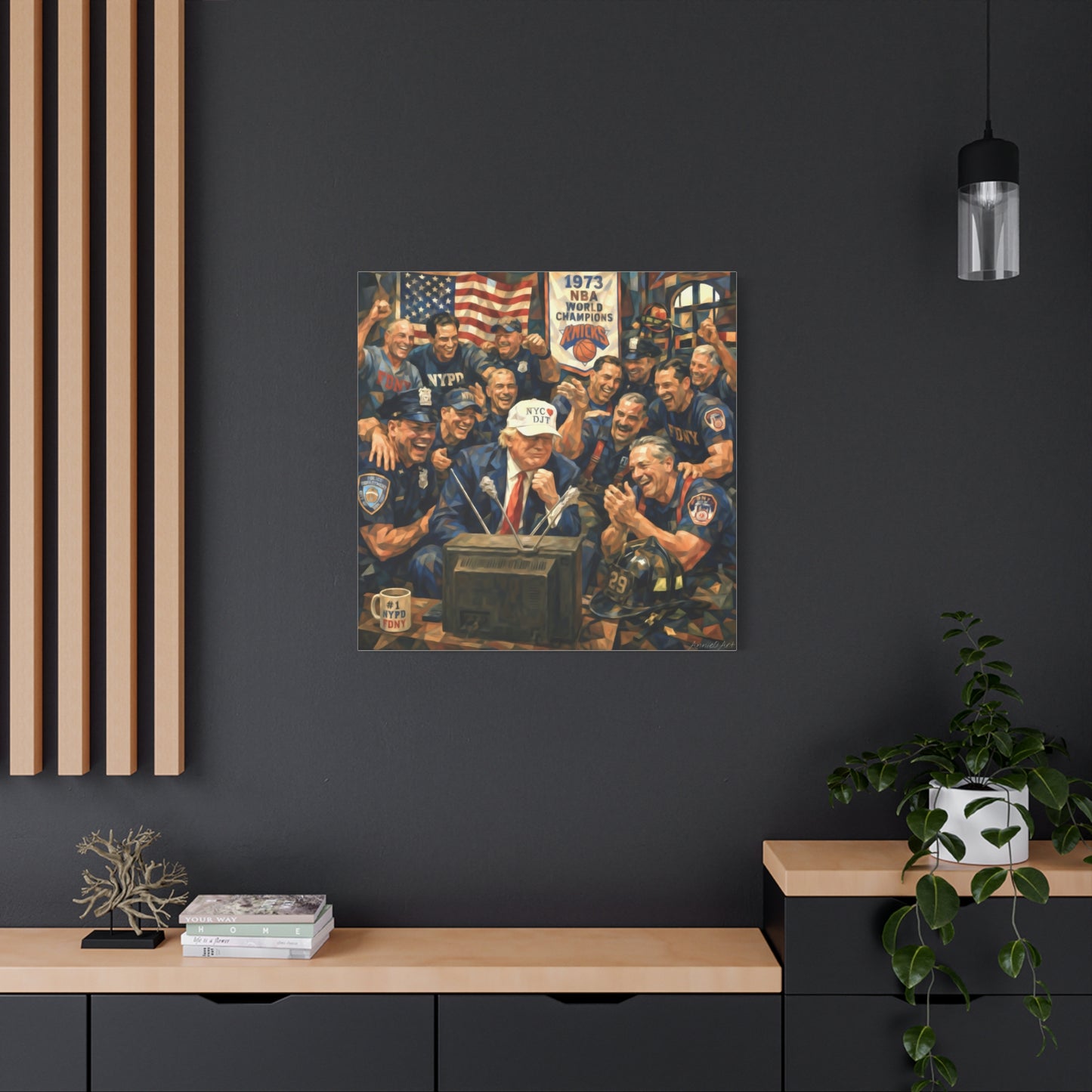 Trump Patriotic NYC Firefighters  Matte Stretched Canvas — Vintage NYPD Tribute Wall Art