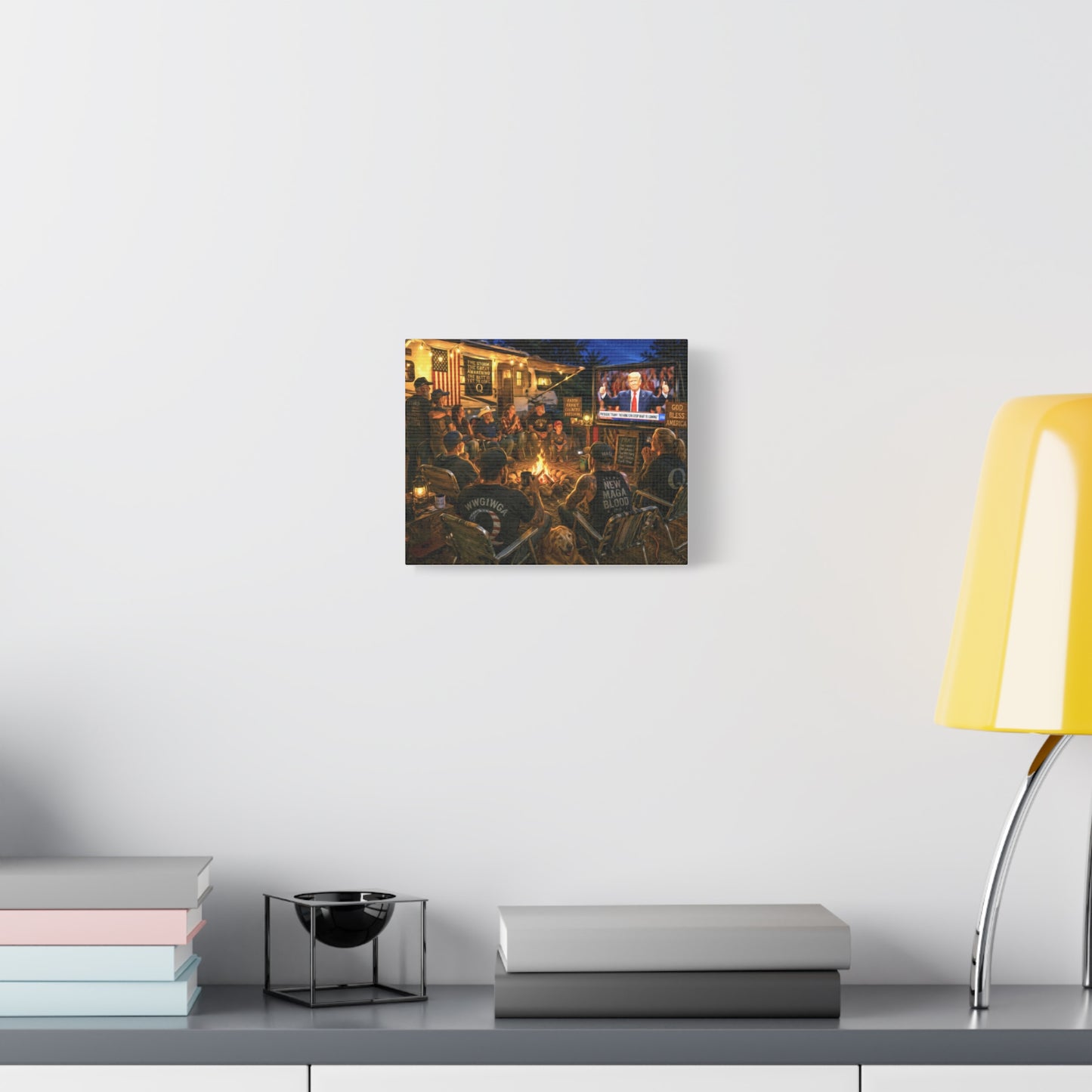 God Bless America—Campfire Scene Matte Canvas Wall Art - Patriotic RV Gathering with Trump TV—MAGA—WWG1WGA