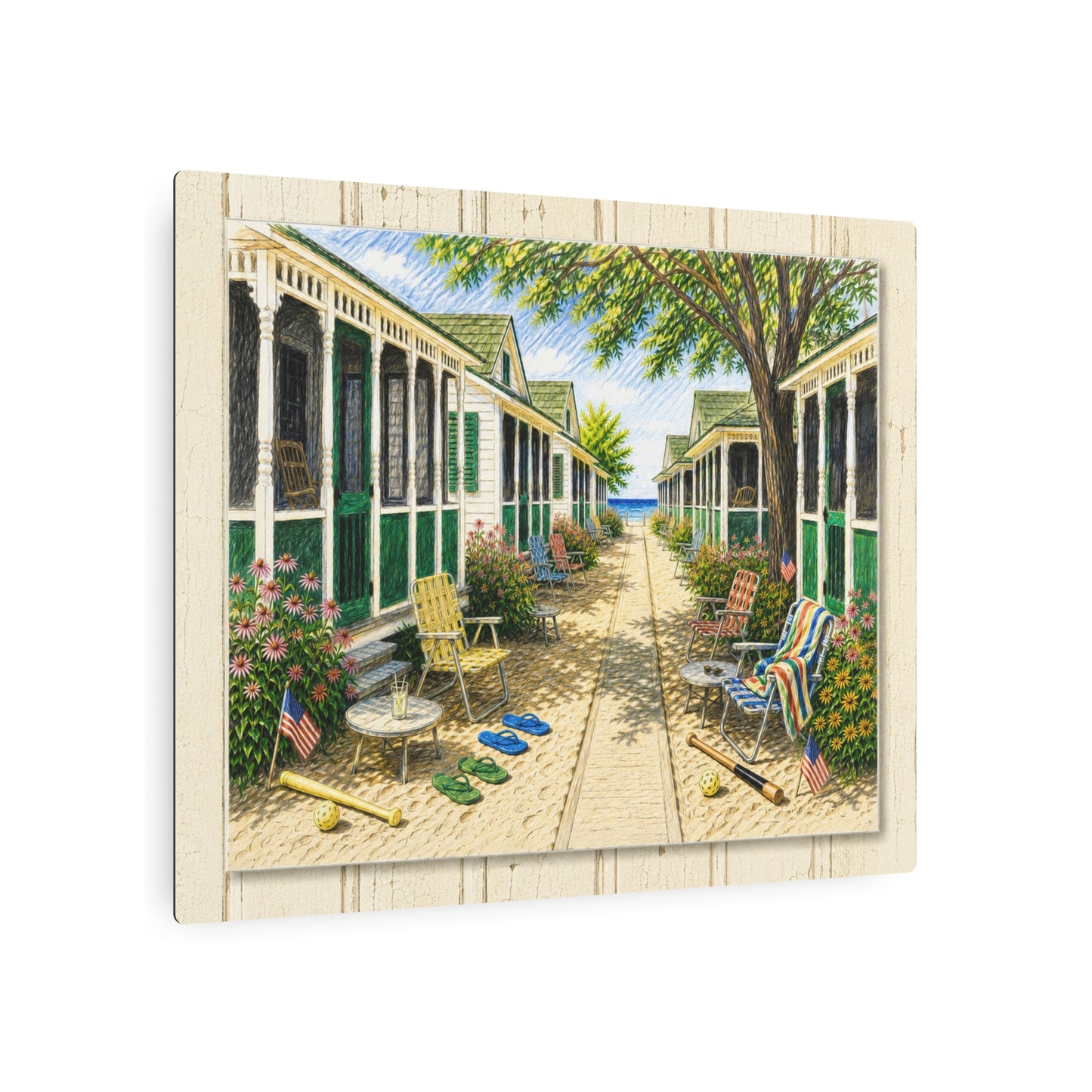 Metal Art Sign —Beach Bungalows ‘Pathway to the Beach’ — 1970’s Beachfront Porch Scene Wall Decor