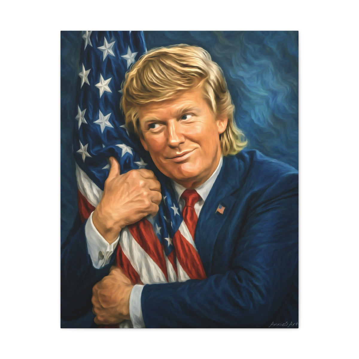 Trump Hugging American Flag— Portrait Canvas