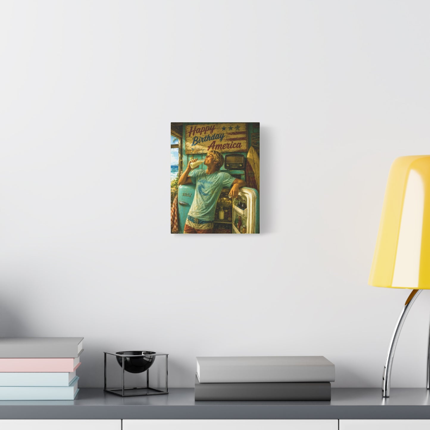 Happy Birthday America Canvas Wall Art — Retro Beach Guy Patriotic Home Decor