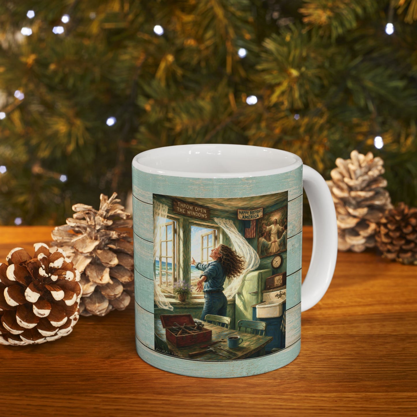 Coastal Vintage Beach Cottage Ceramic Mug — Seaside Window & Shells Design (11oz/15oz)