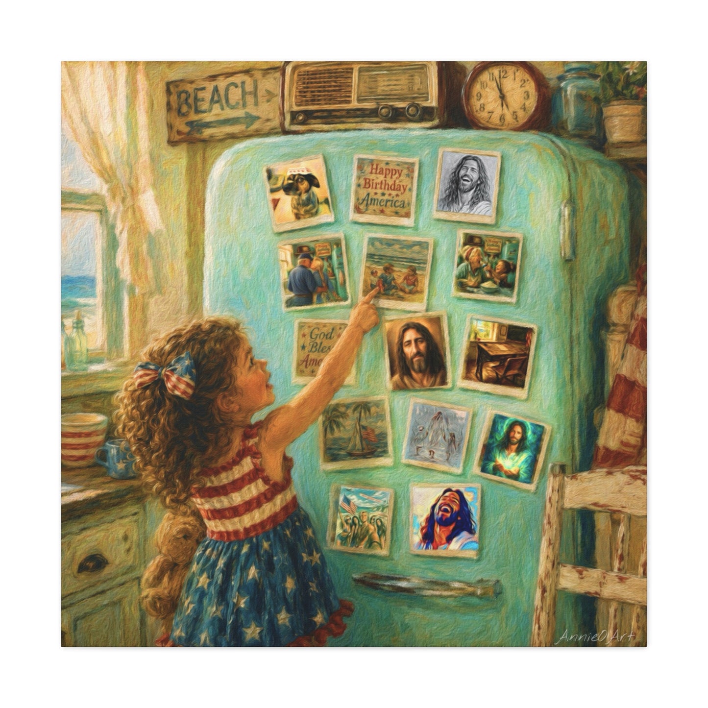 Americana Canvas Wall Art — Little Girl Pointing at Magnets on Vintage Fridge (Matte Stretched)