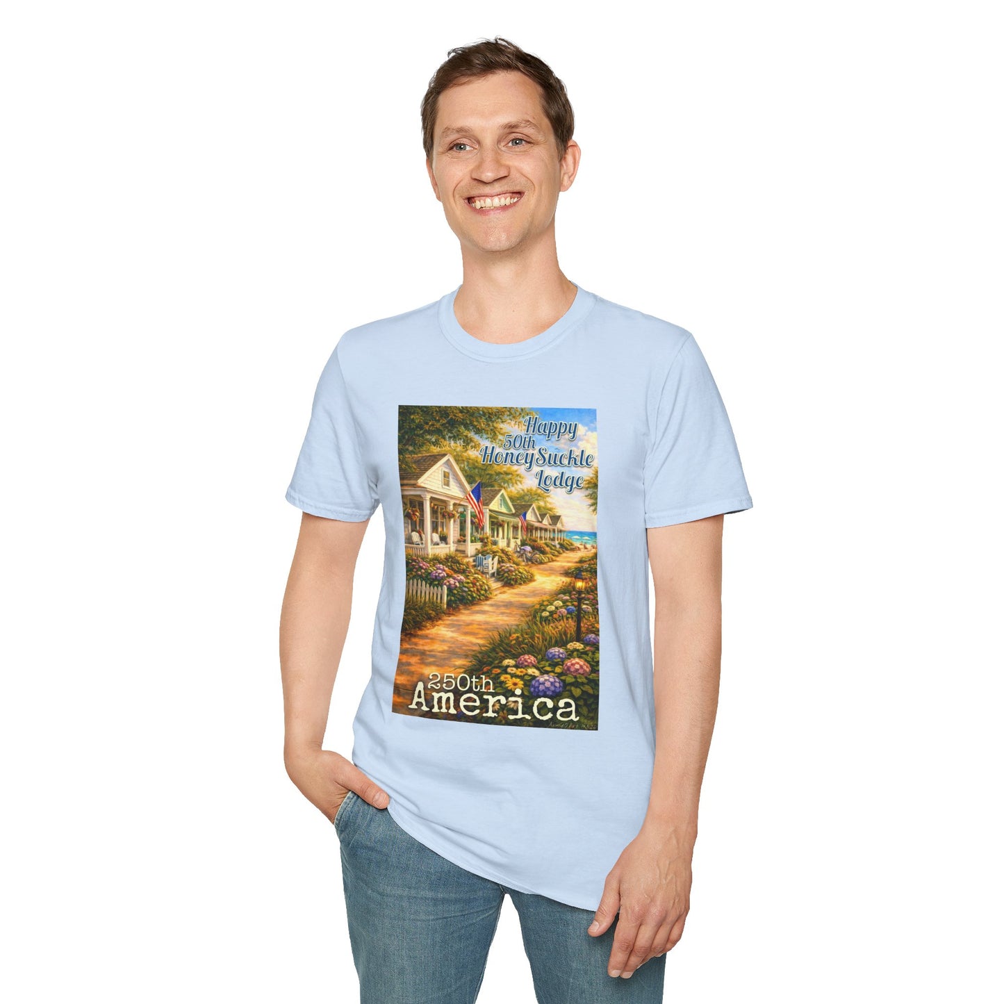 HoneySuckle Lodge 50th—America 250th Bungalow Path T-Shirt —Front & Back Design- Happy 250th Anniversary USA Patriotic Tee