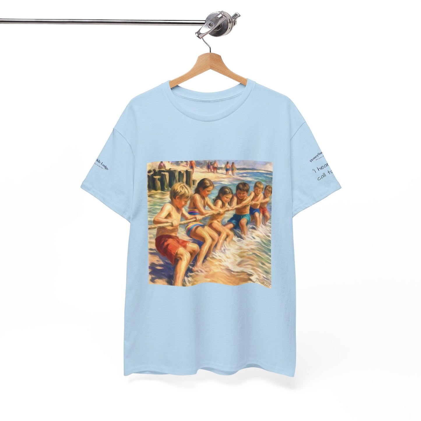 HoneySuckle Lodge Vintage Beach T-Shirt — "50+ years of fun in the sun" Retro Kids on Shore Design