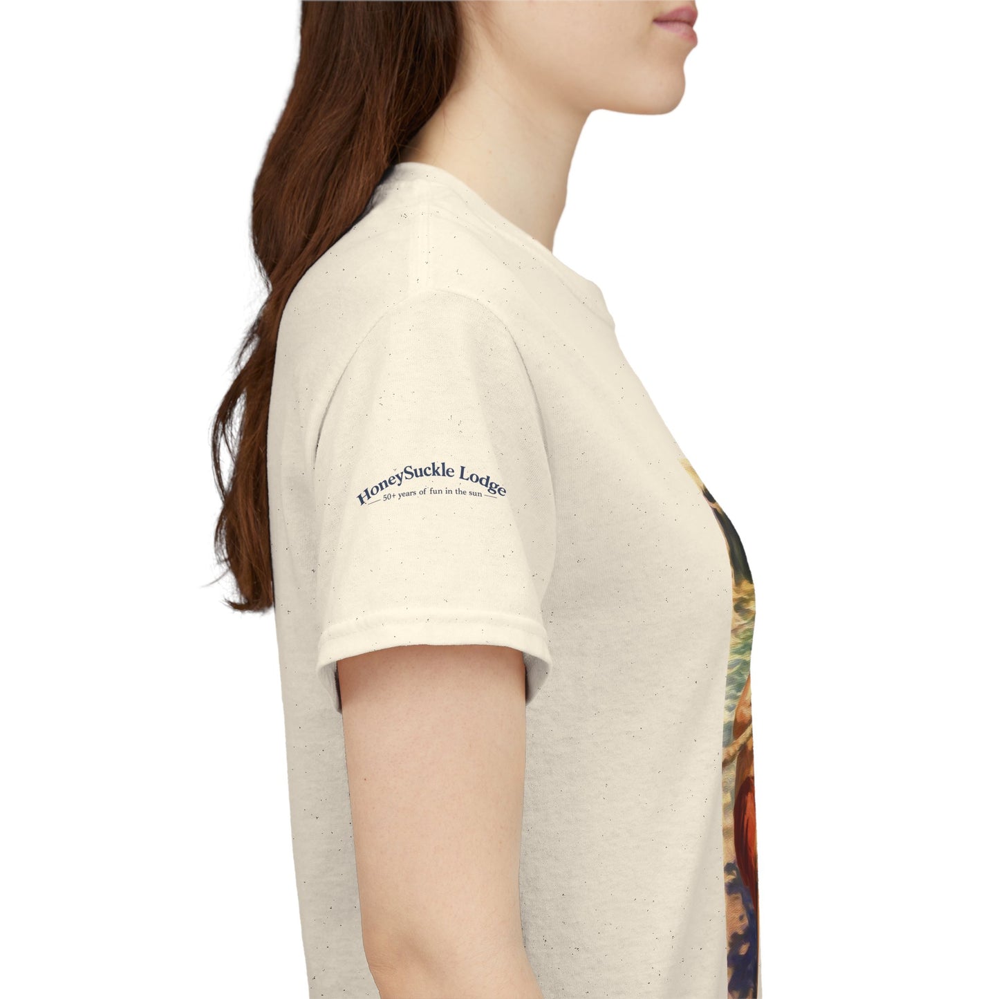 HoneySuckle Lodge Vintage Beach T-Shirt — "50+ years of fun in the sun" Retro Kids on Shore Design