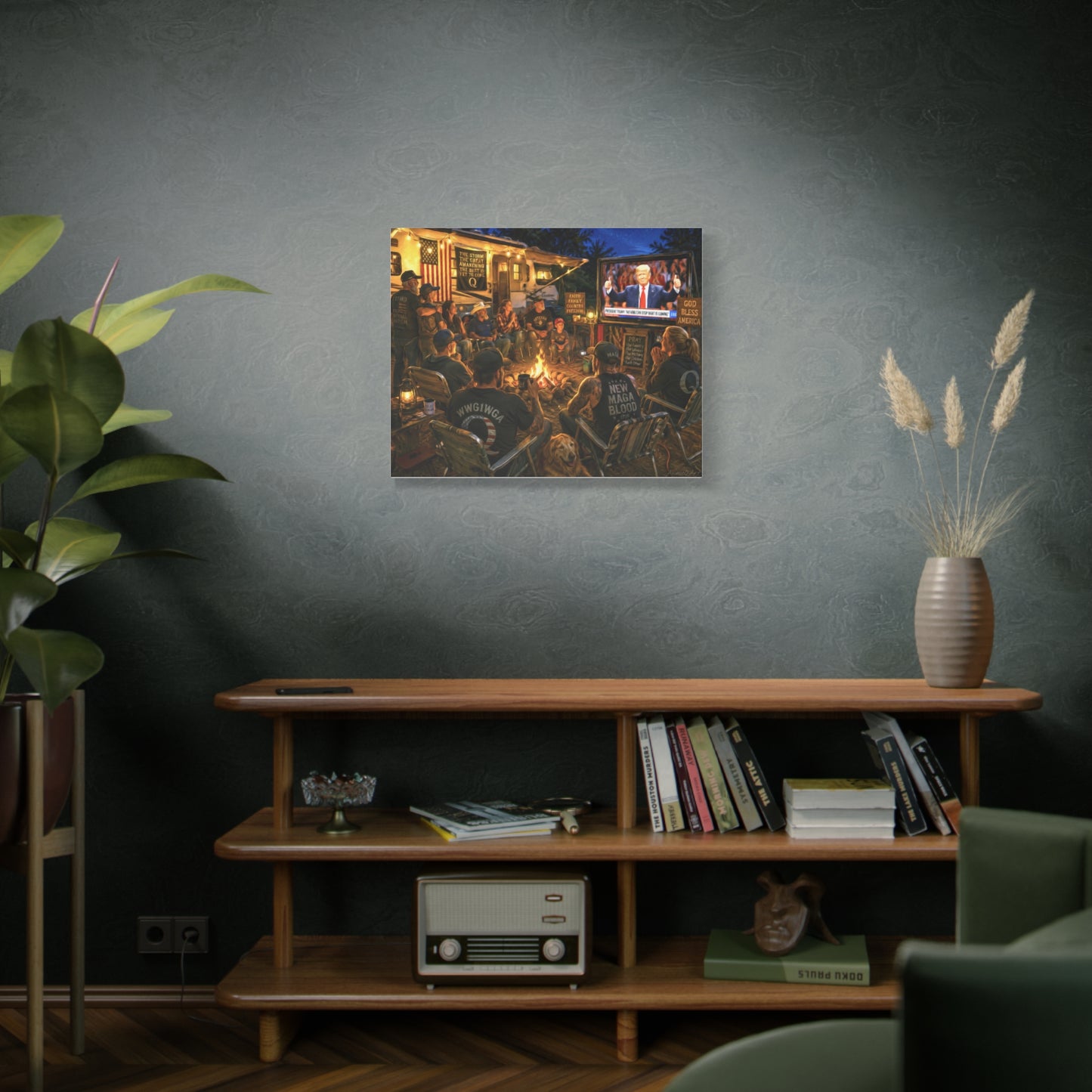 God Bless America—Campfire Scene Matte Canvas Wall Art - Patriotic RV Gathering with Trump TV—MAGA—WWG1WGA
