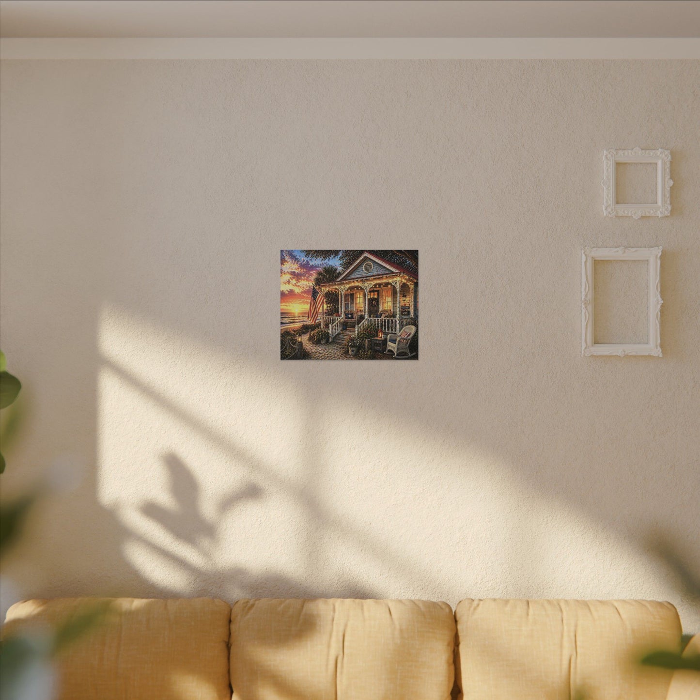 Front Porch America—Patriotic Beach Cottage Canvas Wall Art — Sunset Porch Scene