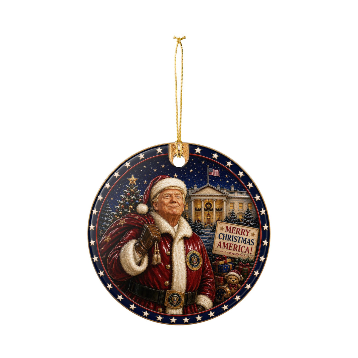Patriotic Trump Santa Ceramic Ornament — "Merry Christmas America!" Holiday Decoration