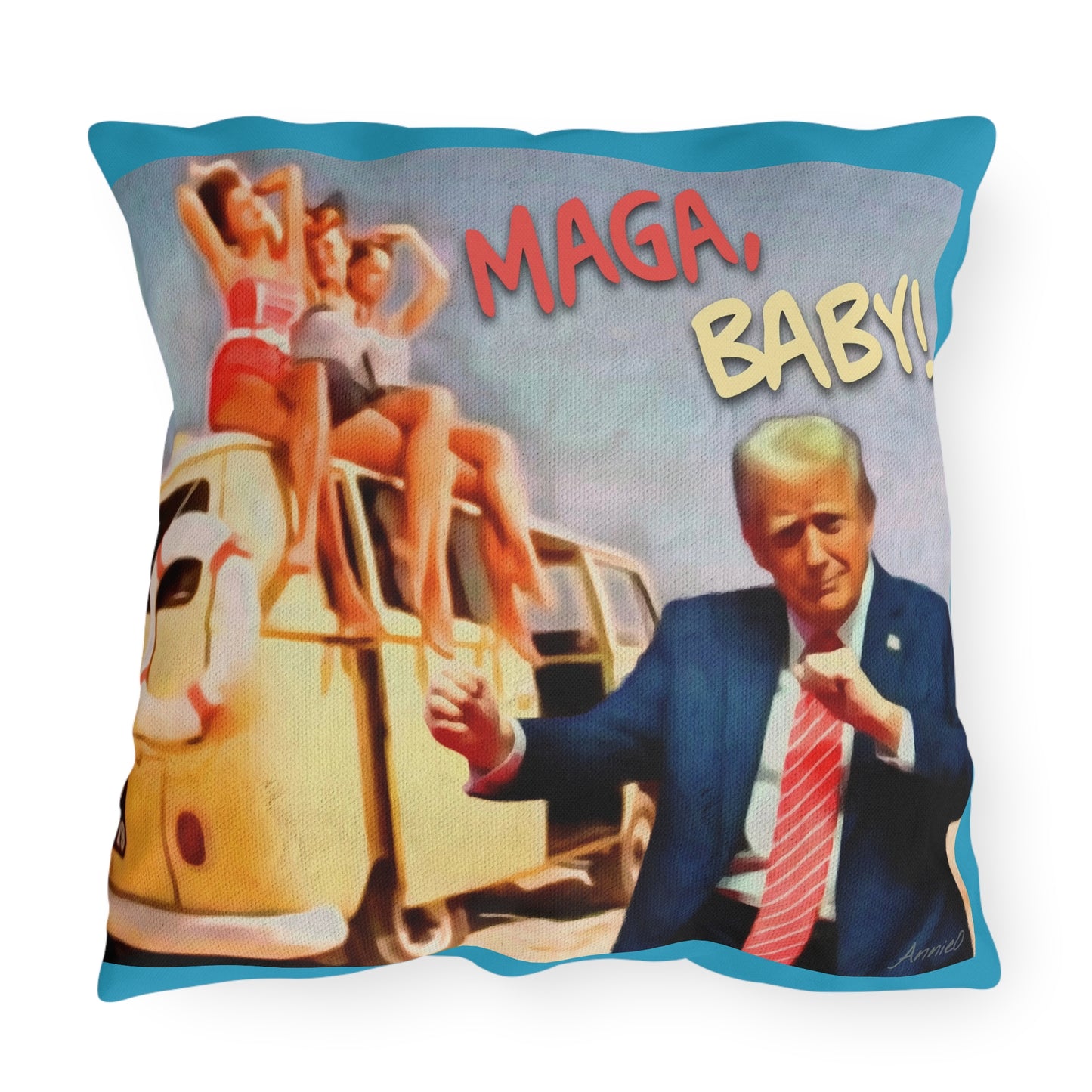 Political Graphic Outdoor Pillow — "MAGA, Baby!" Retro Beach Design