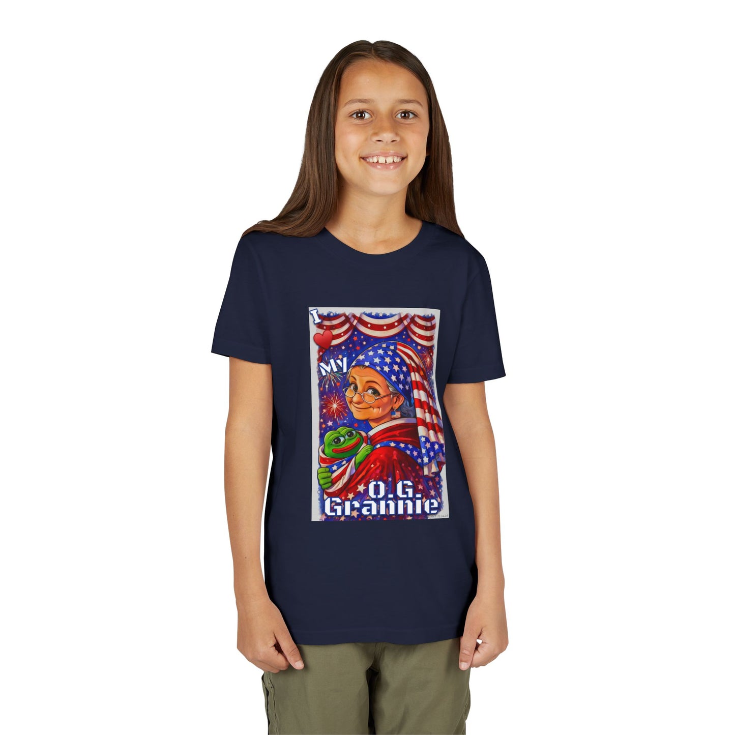 Grandma Anons & Keyboard Warriors for your Littles, “I ♥️ My O.G. Grannie" Youth T-Shirt – American Flag Grandma Design
