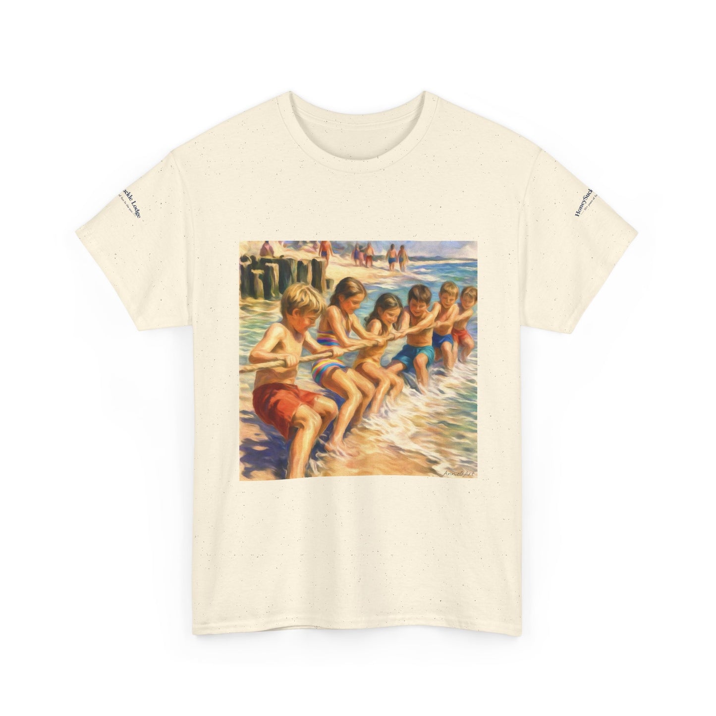 Honeysuckle Lodge Vintage Beach Print tee shirt front/back ("Honeysuckle Lodge - 50+ years of fun in the sun")