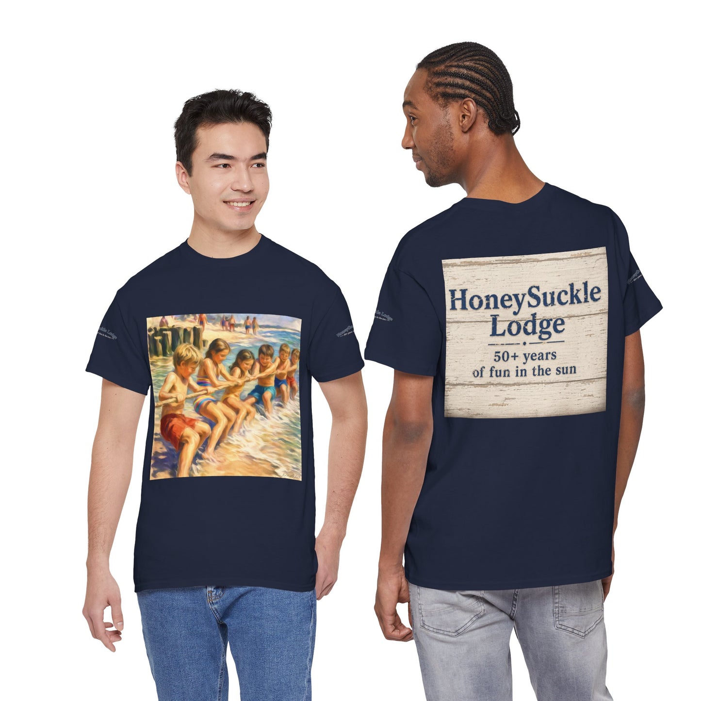 Honeysuckle Lodge Vintage Beach Print tee shirt front/back ("Honeysuckle Lodge - 50+ years of fun in the sun")