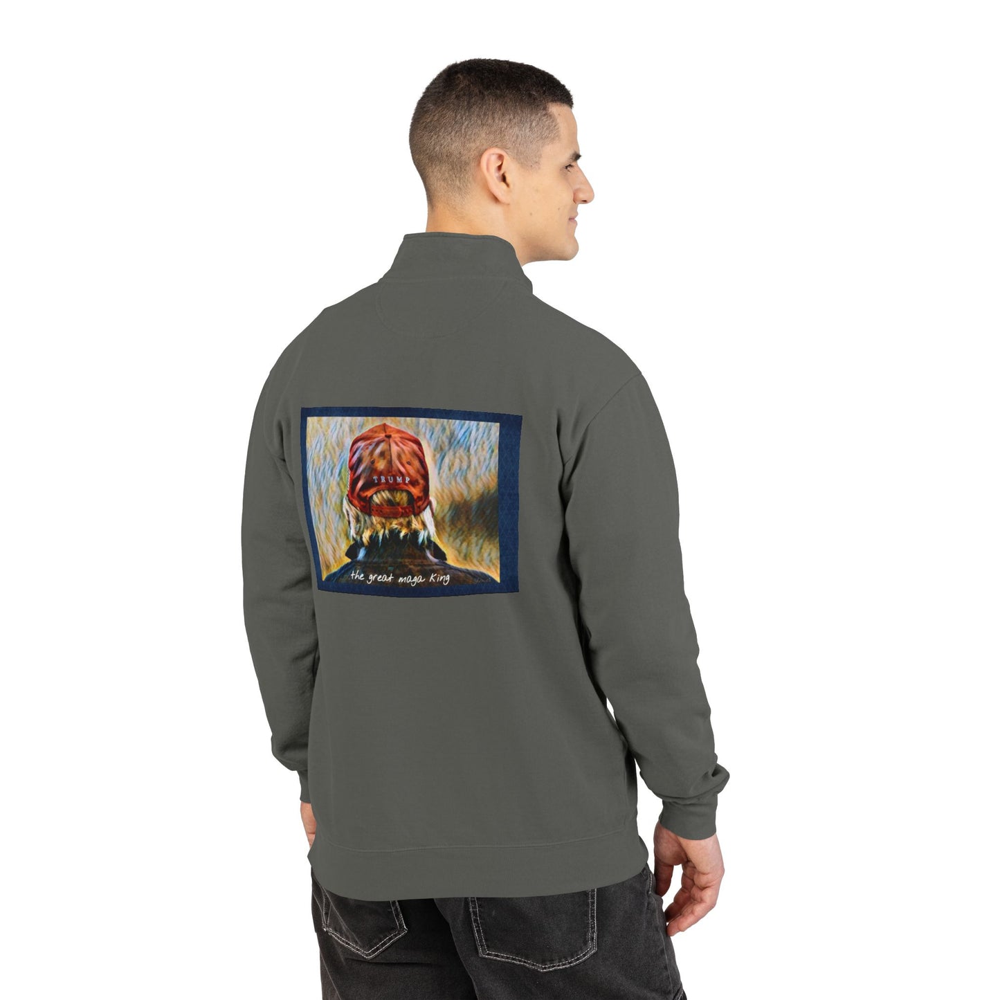 Trump MAGA Quarter-Zip Sweatshirt — Back Art ‘the great maga king’ Graphic- Runs small-order 1 size up