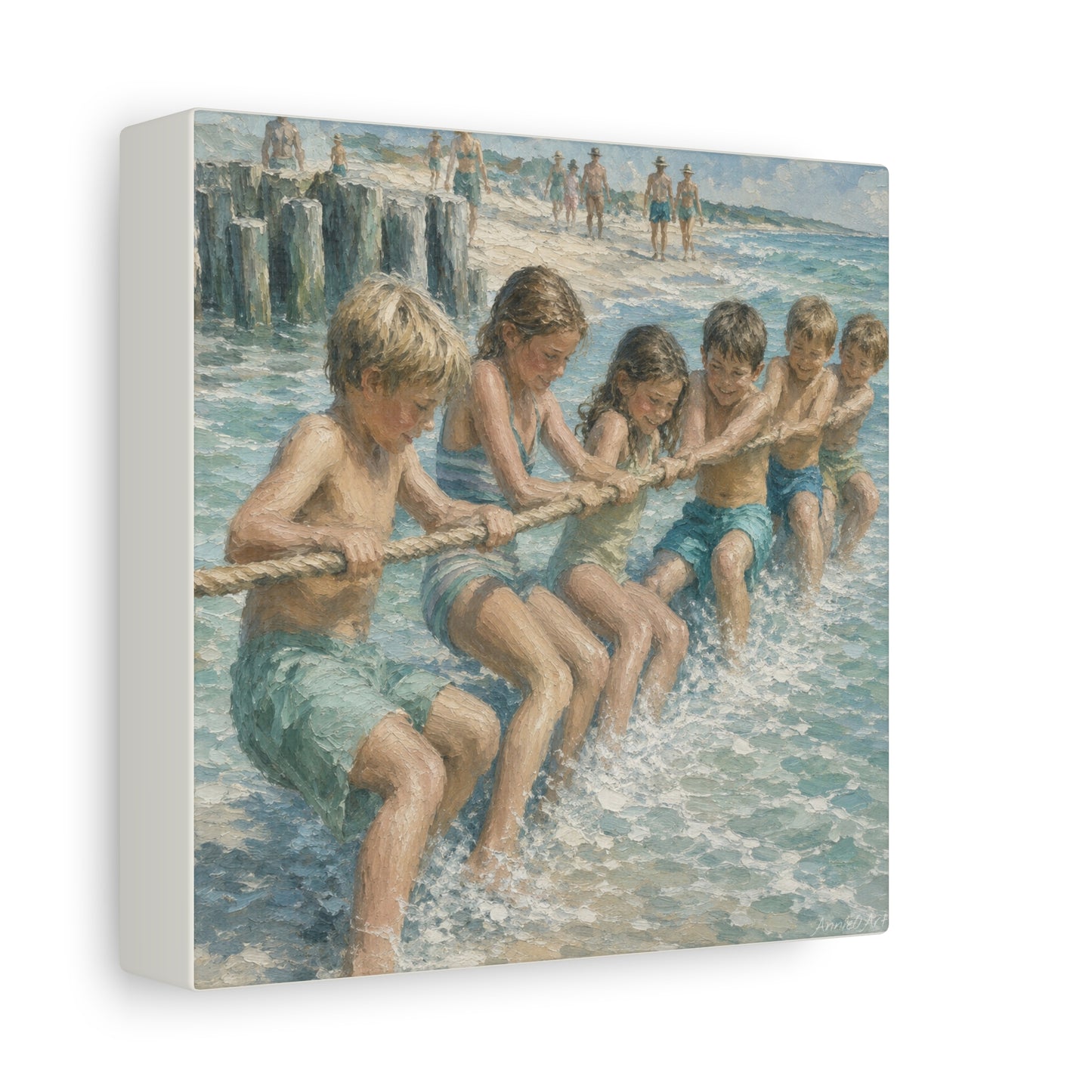 Beach Tug-of-War Matte Canvas Print — Vintage Seaside Children Wall Art