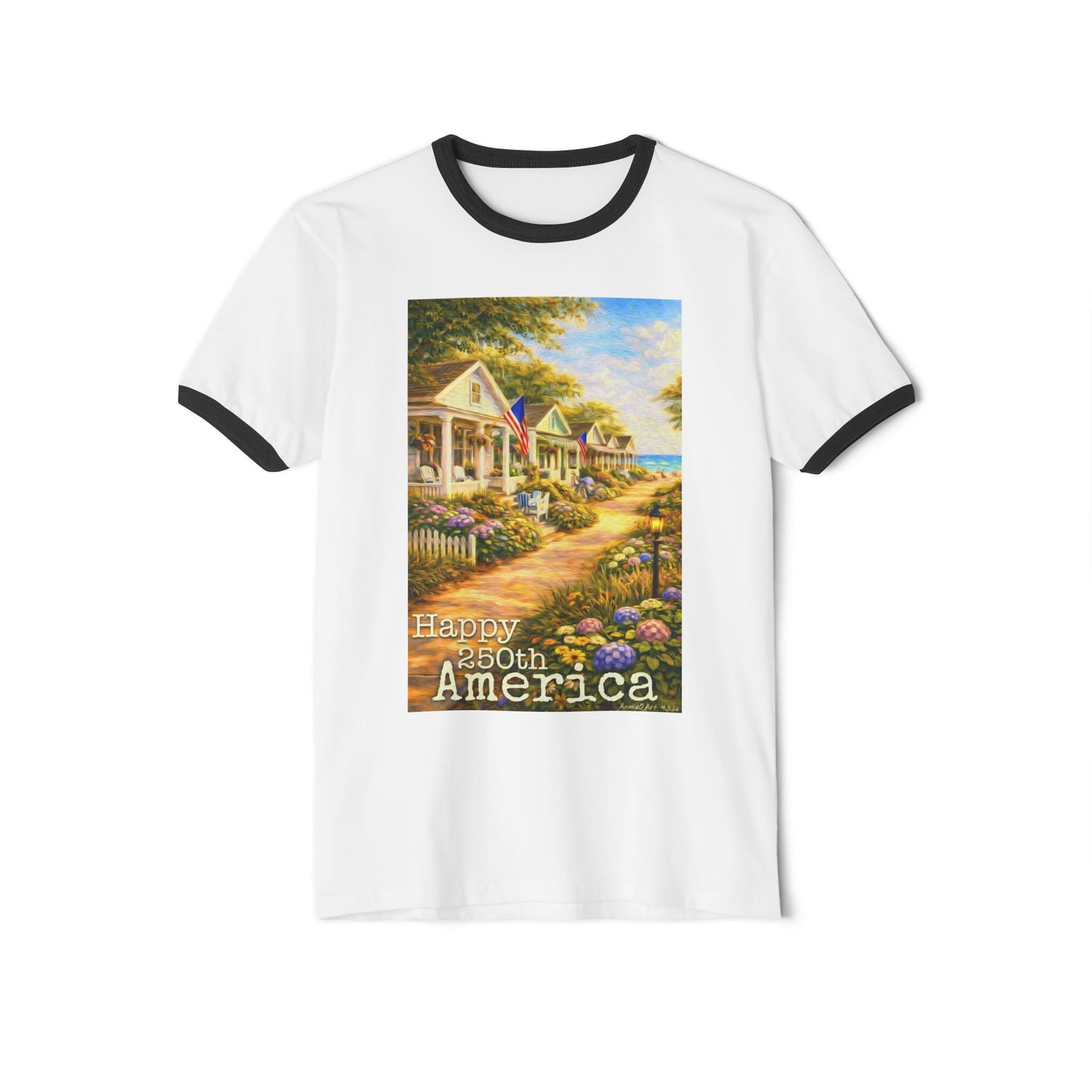 America 250th—4th of July Cottage Scene Ringer Tee