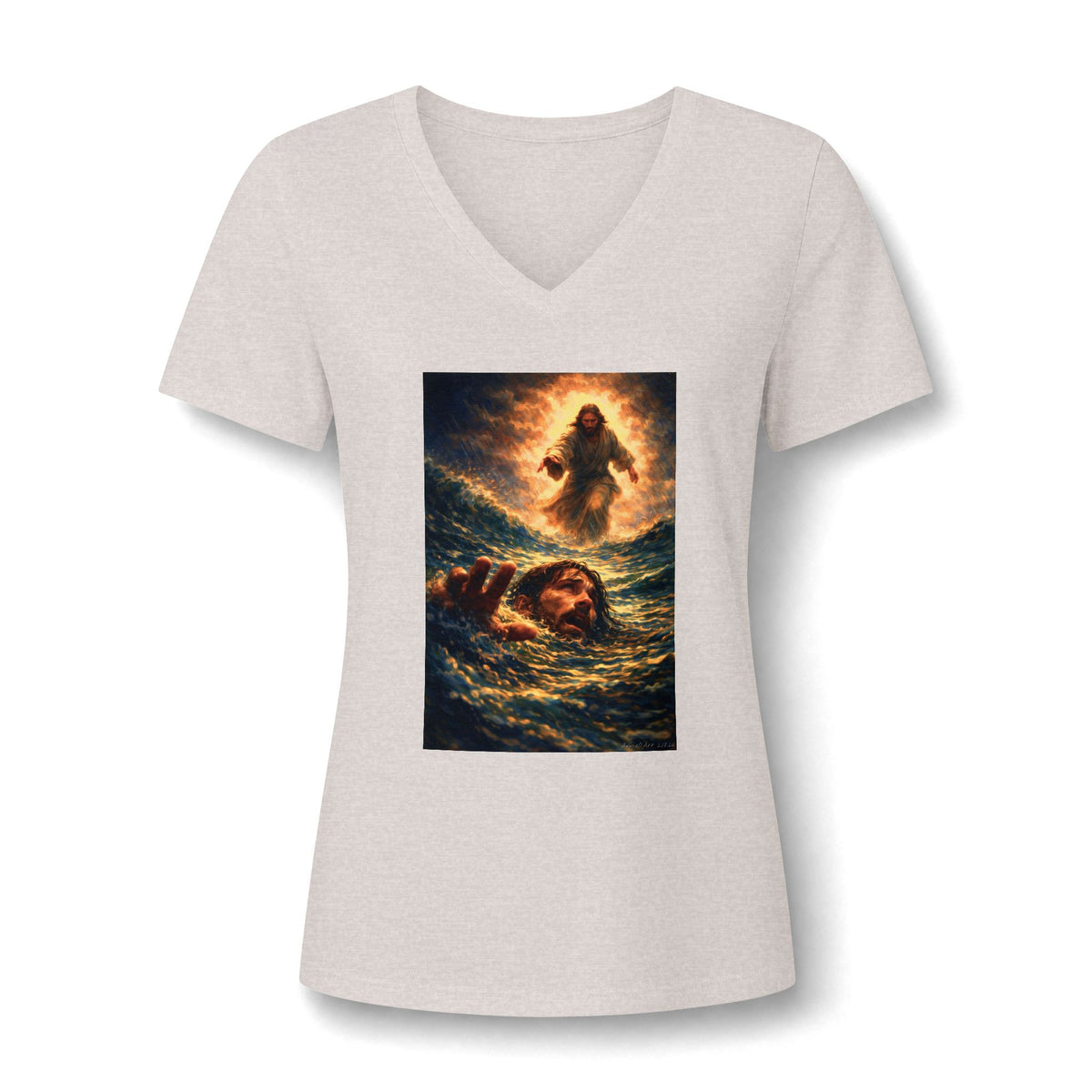 V-Neck Tee -Jesus Saving Peter—Walking on Water Christian Graphic Shirt