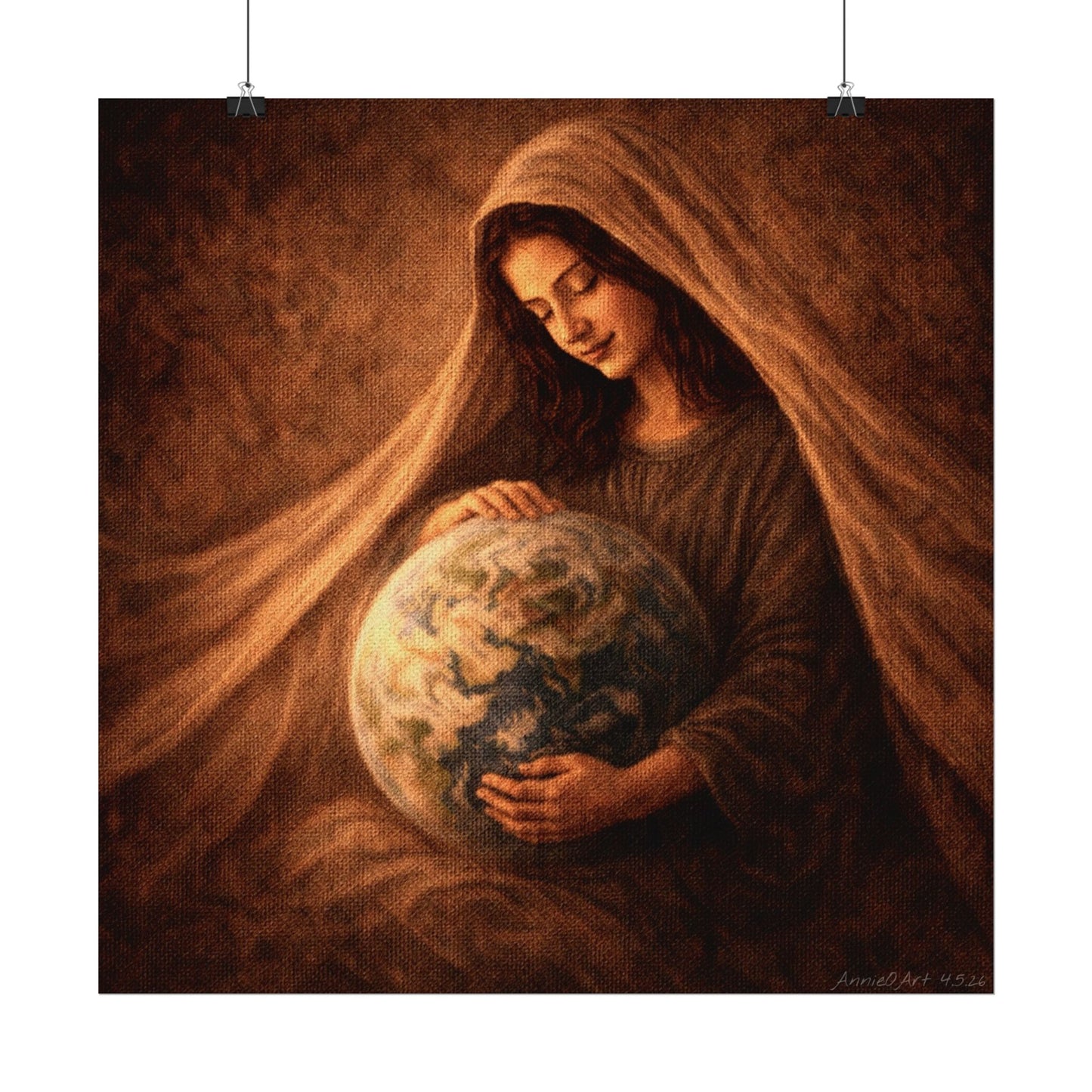 Mary, Jesus’ Mother,  Cradling & Praying for the Earth & Her People,  Textured Matte Art Print Poster
