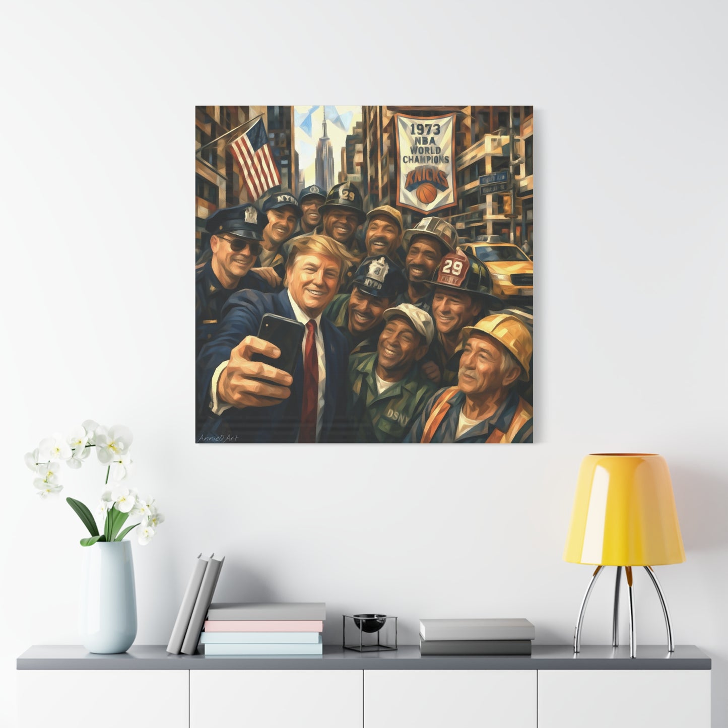 Trump Selfie w/City Workers Canvas Wall Art — Patriotic Urban Selfie Scene