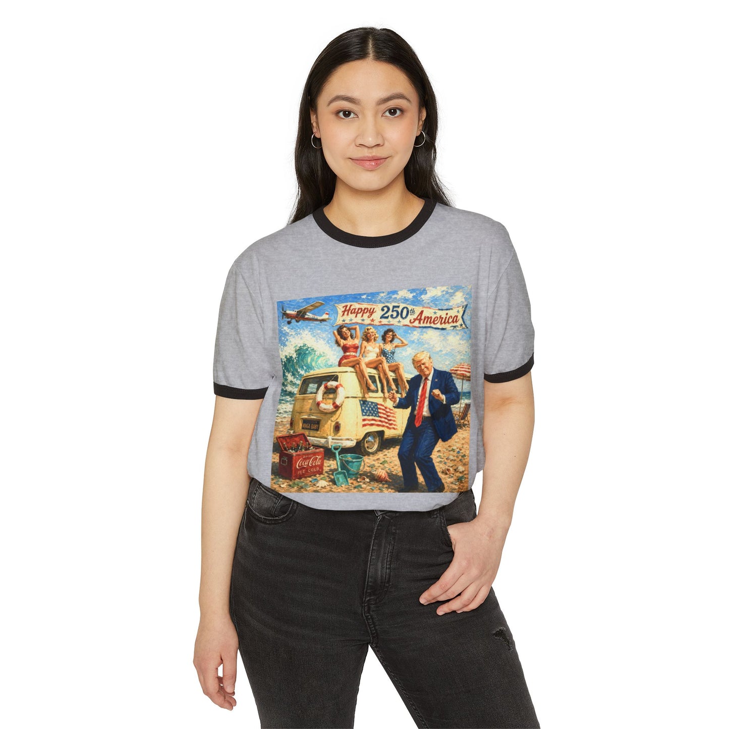 Trump Retro Patriotic Ringer T-Shirt — "Happy 250 America" Vintage Beach Scene